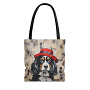 Cavalier King Charles Spaniel Tote Bag, Newsprint Design with Red Hat