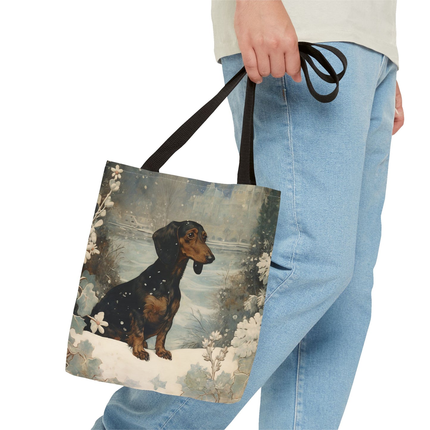 Dachshund Snowy Winter Scene Canvas Tote Bag for Dog Lovers