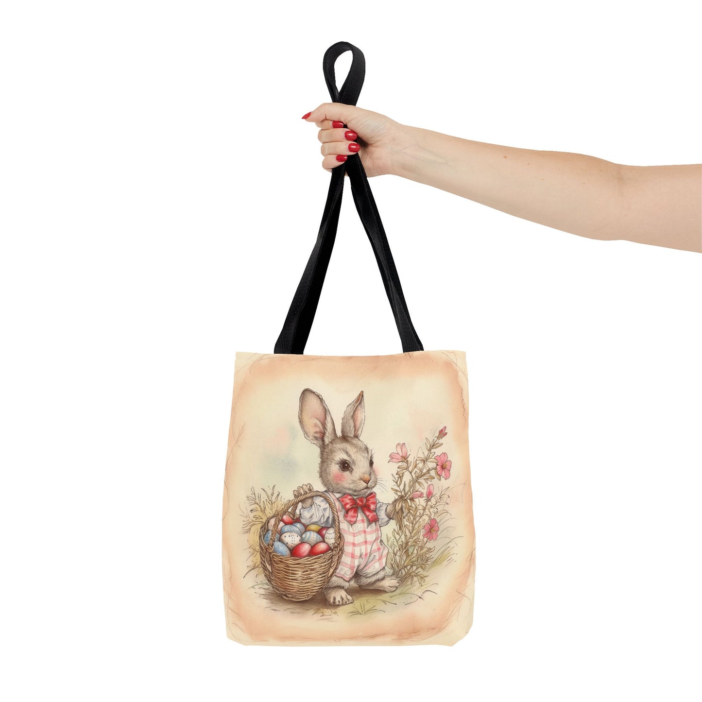 Vintage Easter Bunny Tote Bag with Floral and Egg Basket Design