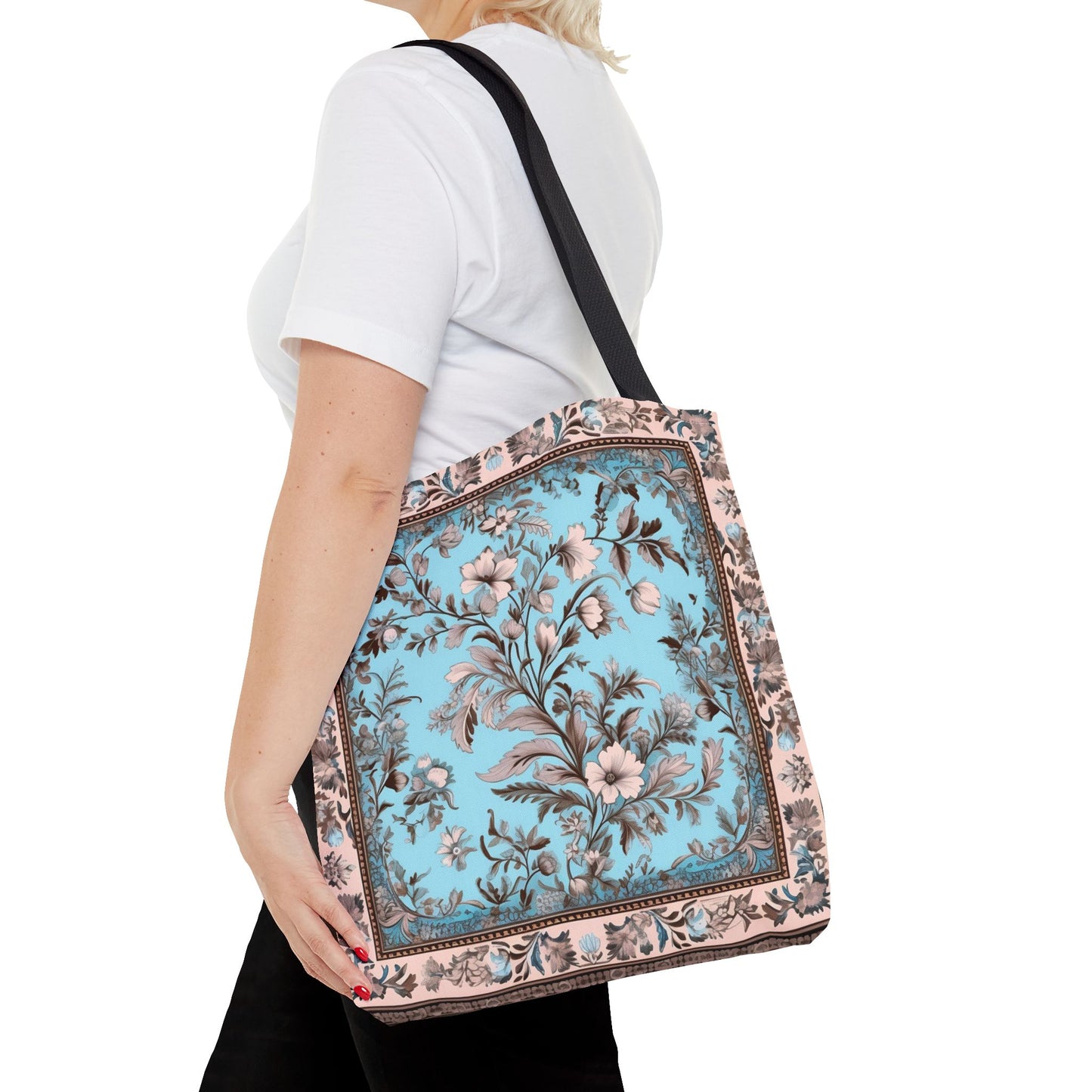 Elegant Floral Tote Bag - Vintage Blue & Beige Design, Eco-Friendly