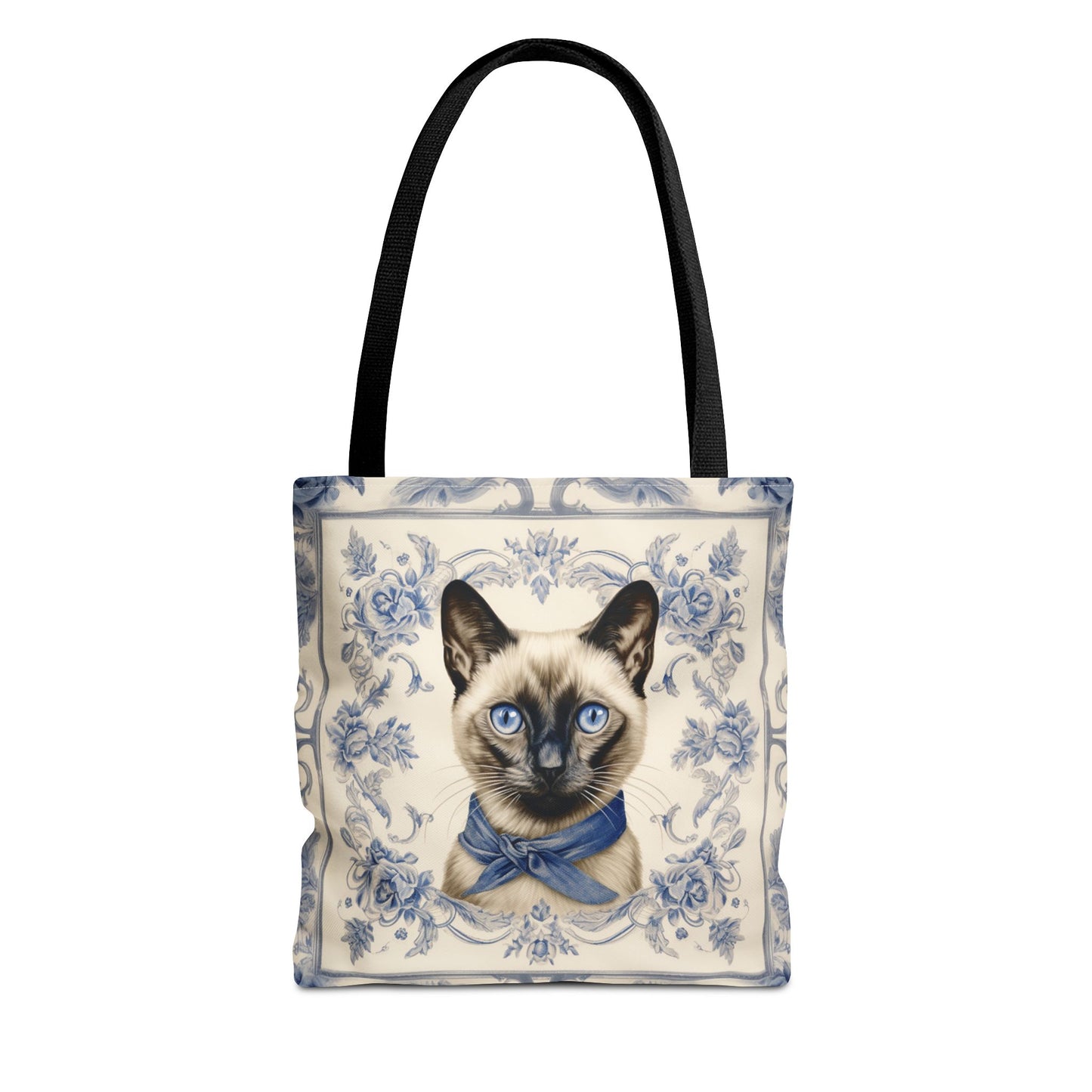 Siamese Cat Tote Bag with Vintage Blue Floral Design