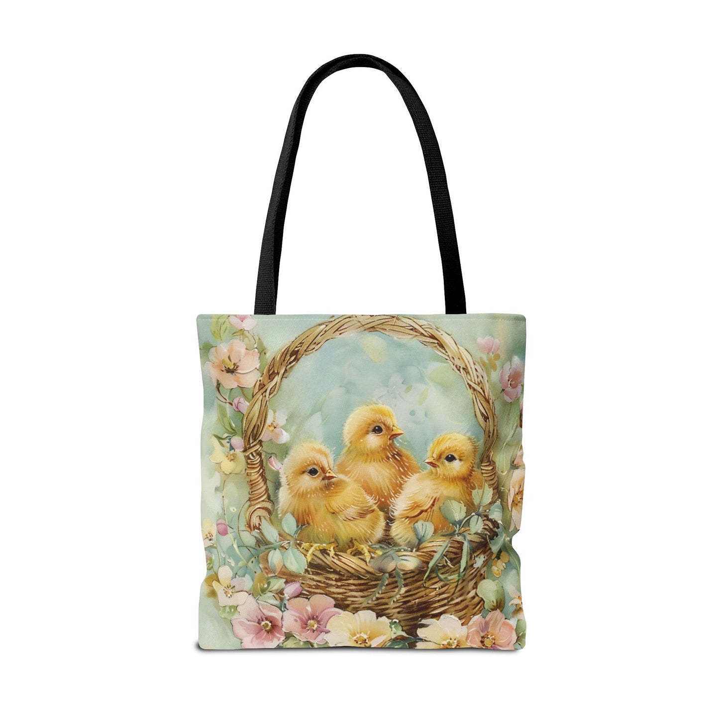 Easter Chick Trio Canvas Tote Bag, Spring Floral Shopping Bag