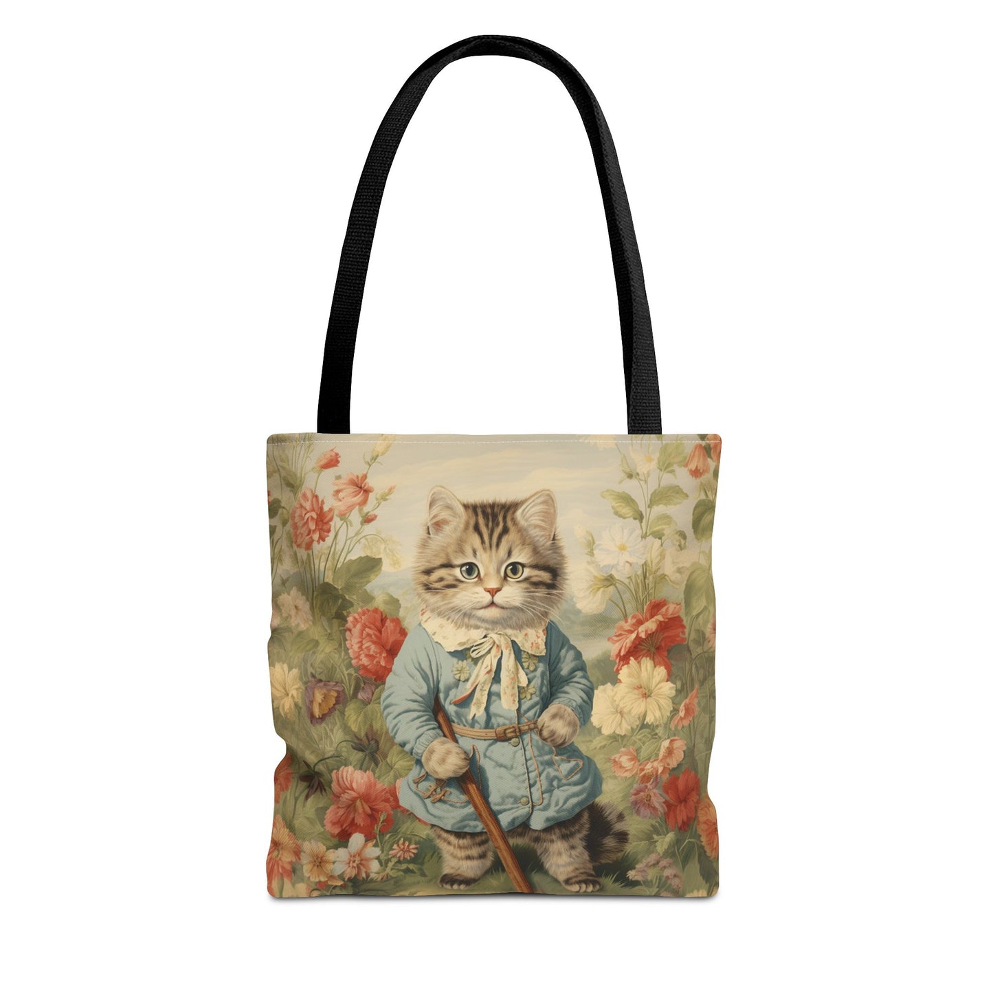 Whimsical Garden Cat Tote Bag, Vintage Floral Eco-Friendly Canvas