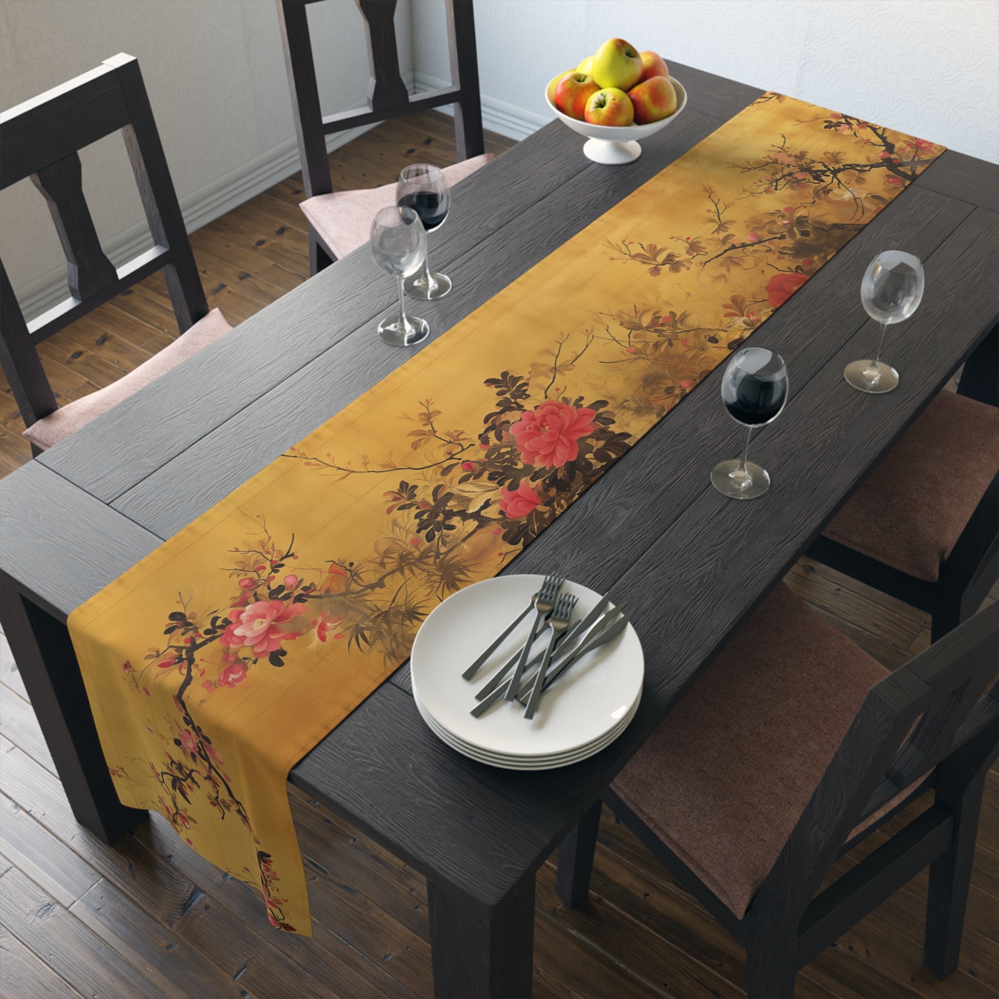 Golden Floral Table Runner | Gold, Red, and Black Design (72" or 90")