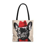 French Bulldog Tote Bag with Red Hat, Stylish Canvas Market Bag