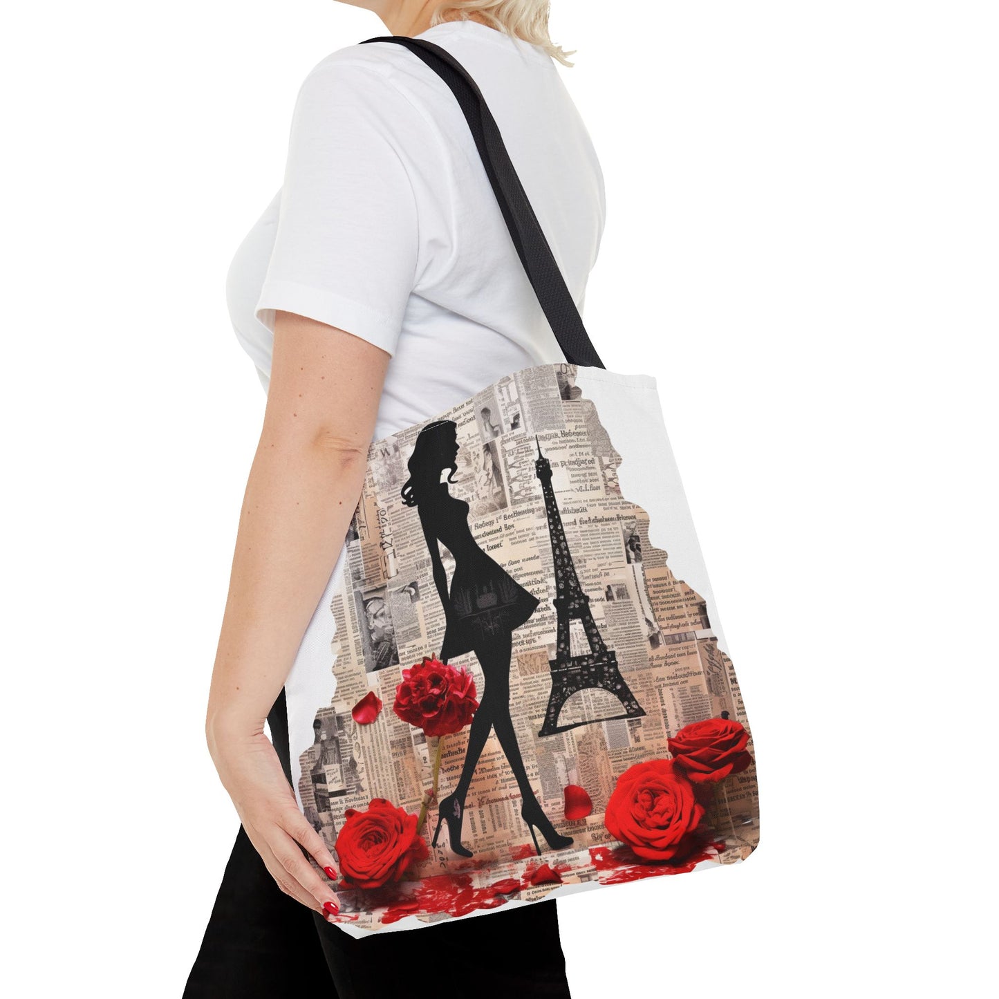 Parisian Elegance Tote Bag with Eiffel Tower & Red Rose Design