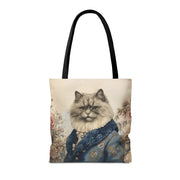 Persian Cat Regal Tote Bag, Floral Vintage Art Eco-Friendly Canvas