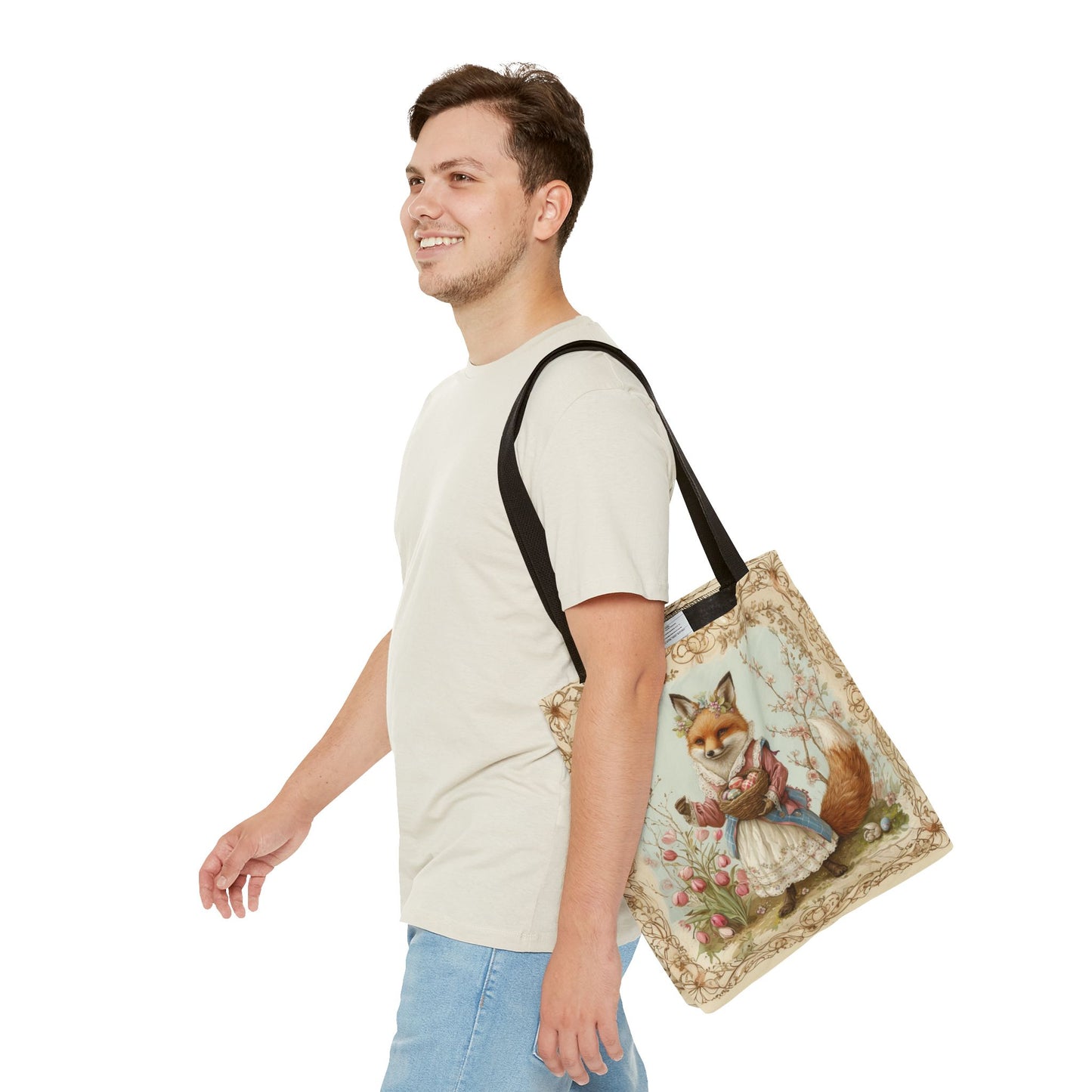 Easter Fox Tote Bag with Tulip Garden, Eco-Friendly Market Bag