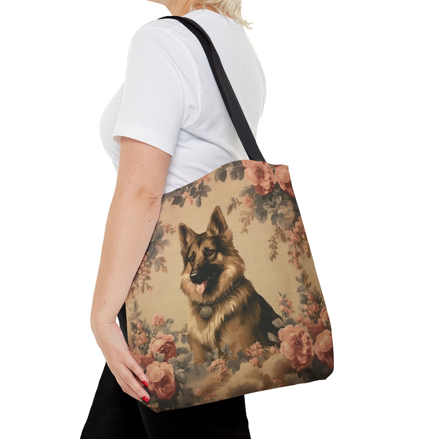 Elegant German Shepherd Floral Tote Bag, Eco-Friendly Canvas Gift