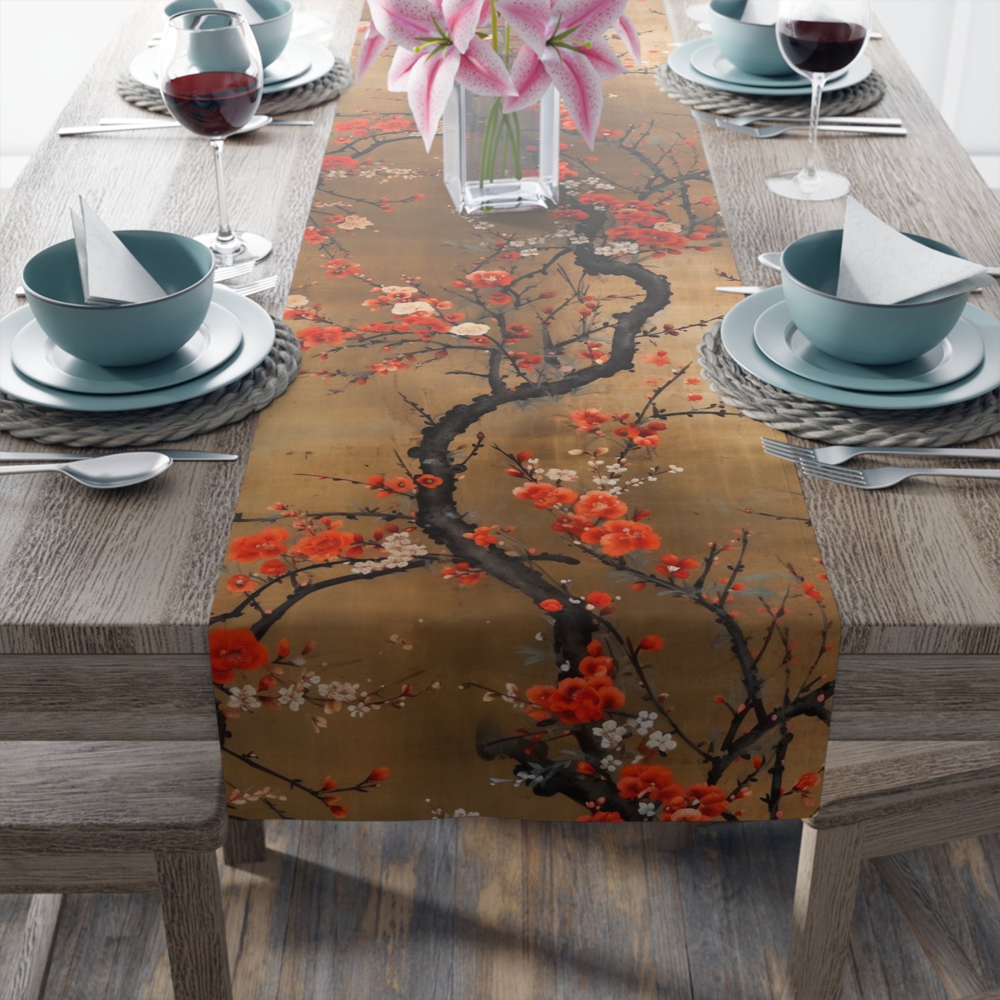 Golden Plum Blossom Table Runner | Red, Gold, and Black Design (72" or 90")