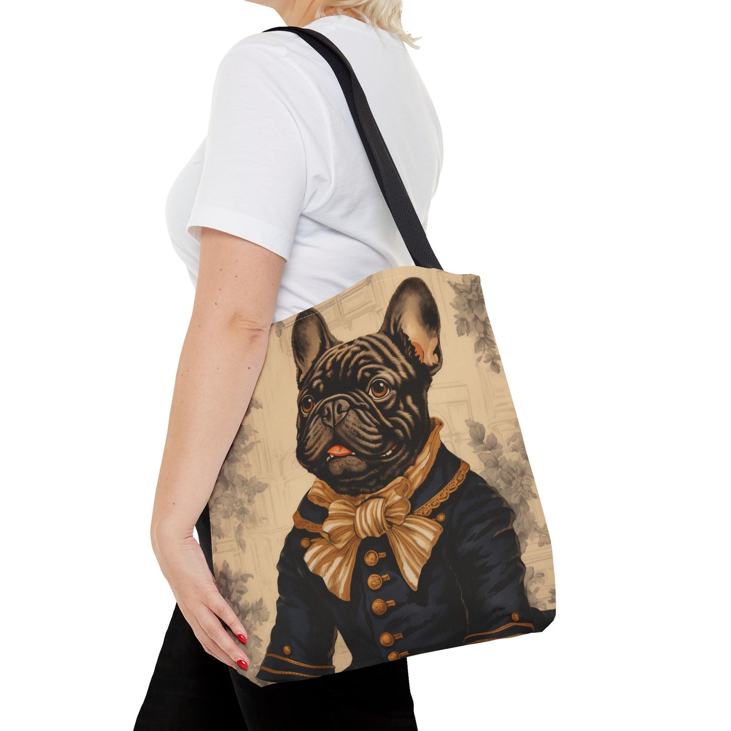 Frenchie Admiral Canvas Tote Bag, Elegant Brindle Bulldog Design