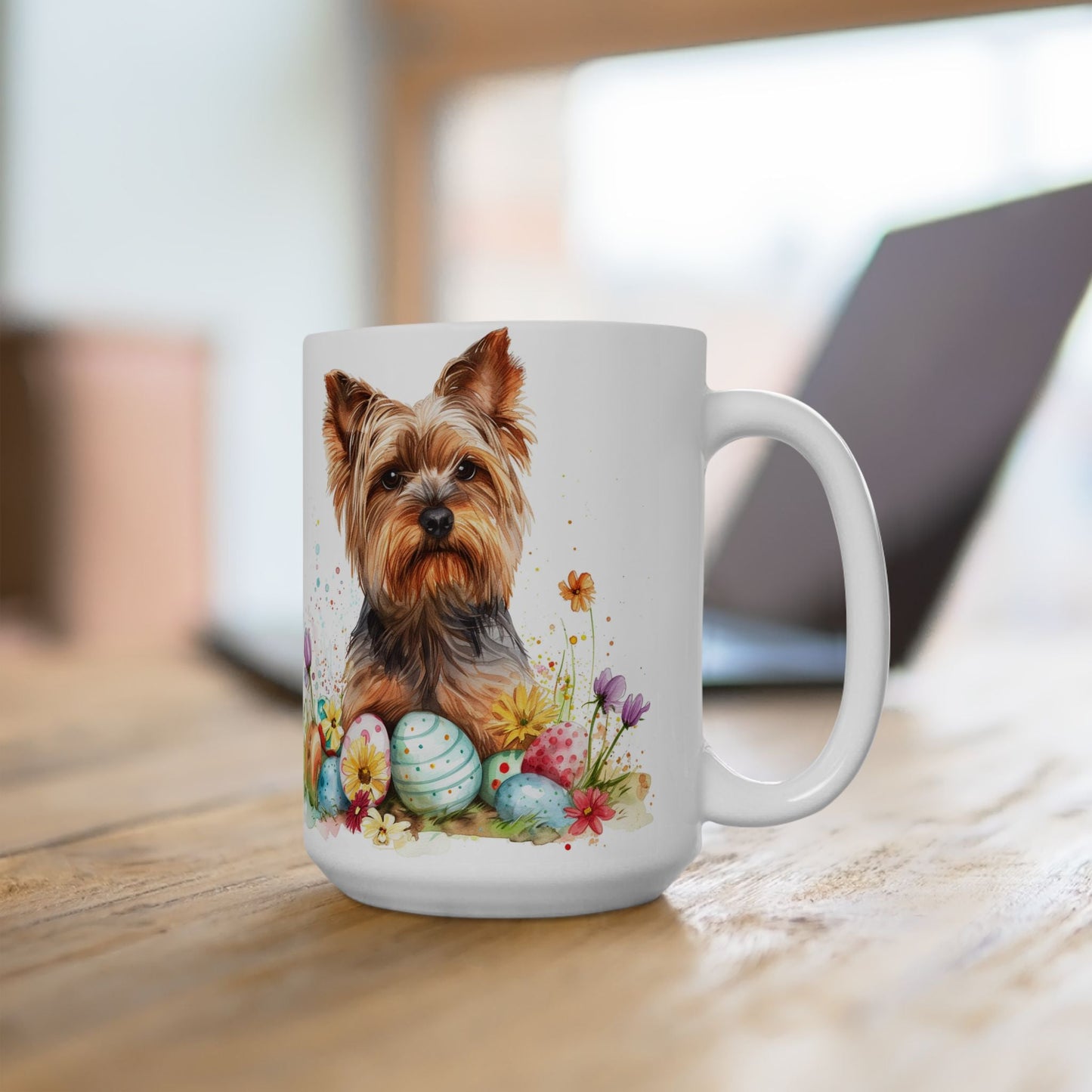 Yorkie Easter Mug – Yorkshire Terrier Coffee Cup with Spring Charm