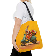 Bunny on Scooter Flower Tote Bag, Vibrant Artistic Market Bag