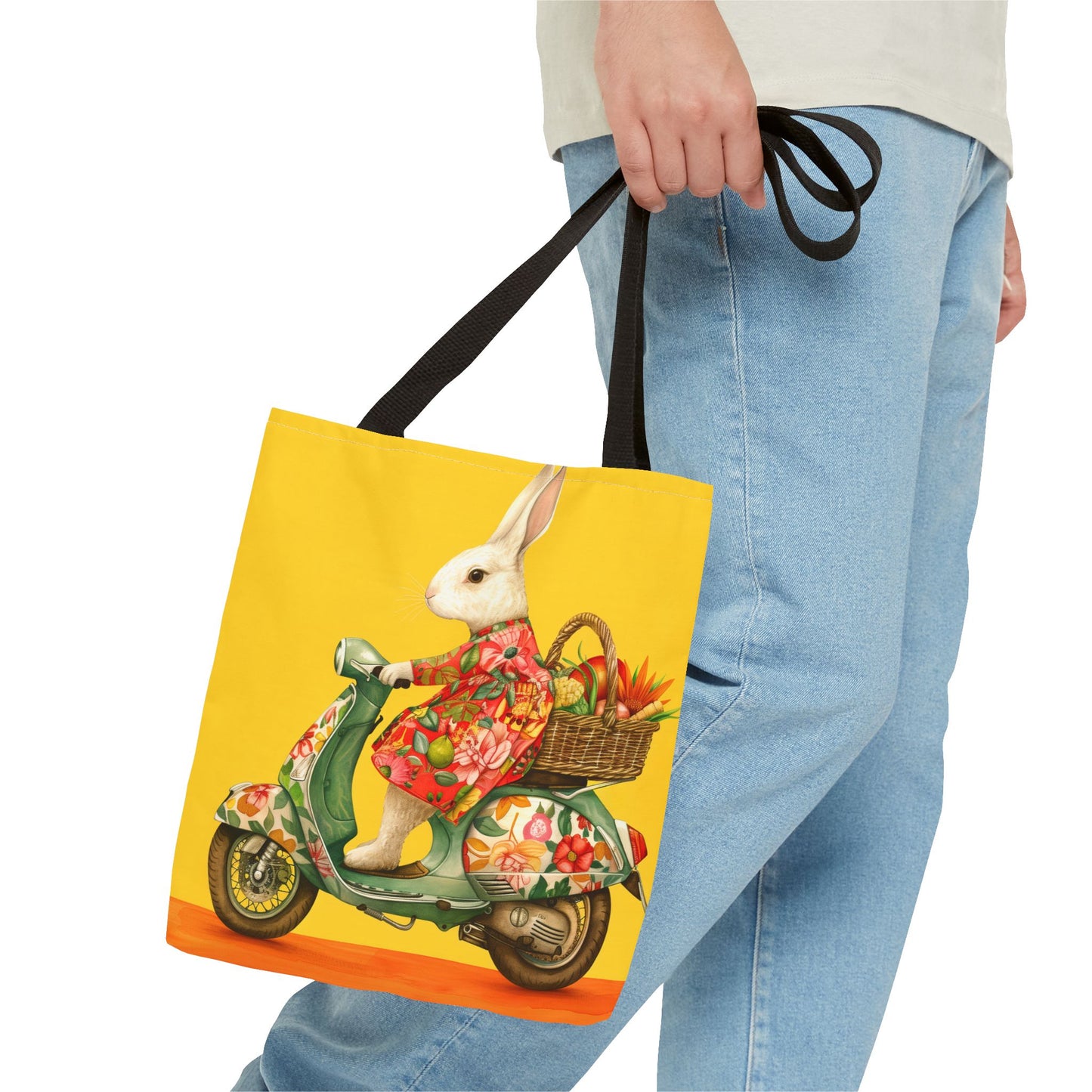 Bunny on Floral Scooter Tote Bag, Vibrant Eco-Friendly Shopping Tote