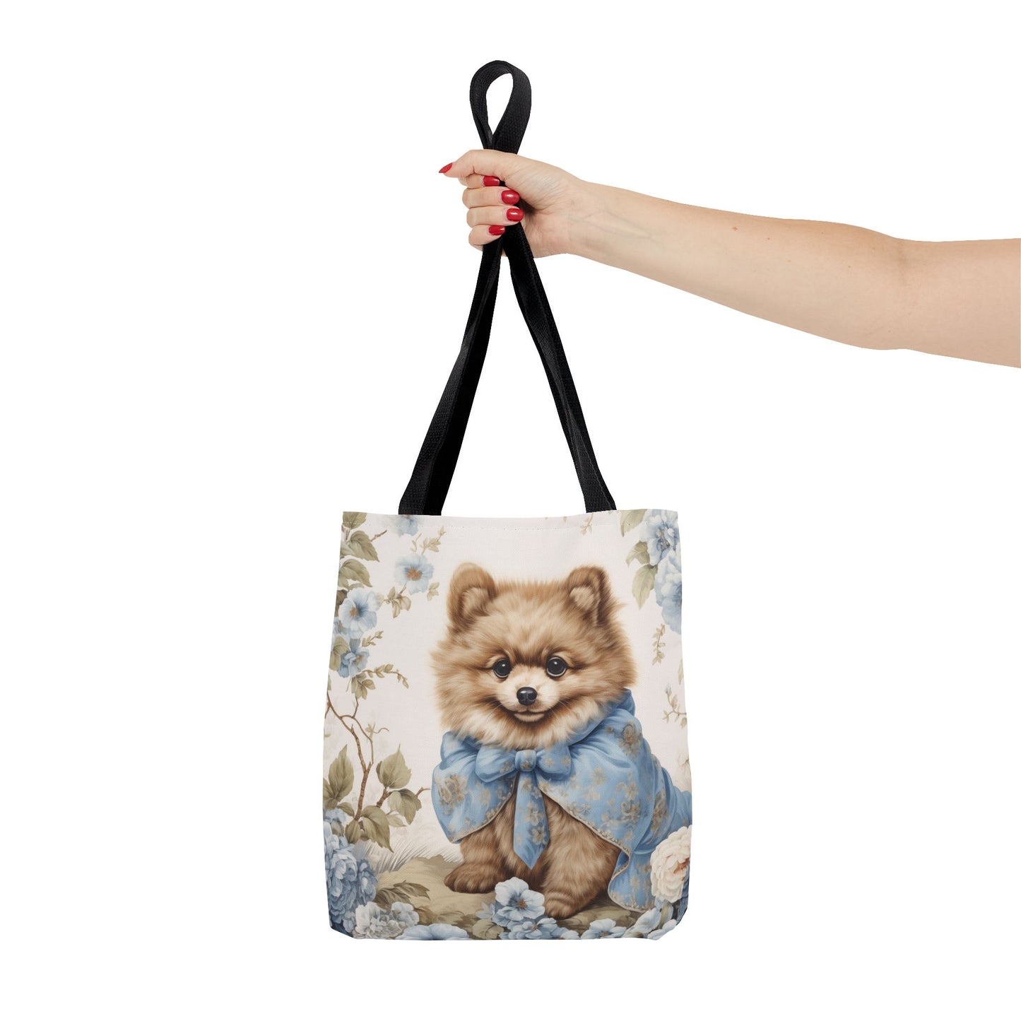 Floral Pomeranian Tote Bag with Blue Vintage Bow Design