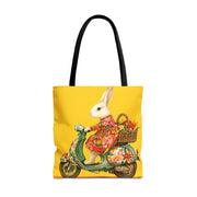 Bunny on Floral Scooter Tote Bag, Vibrant Eco-Friendly Shopping Tote