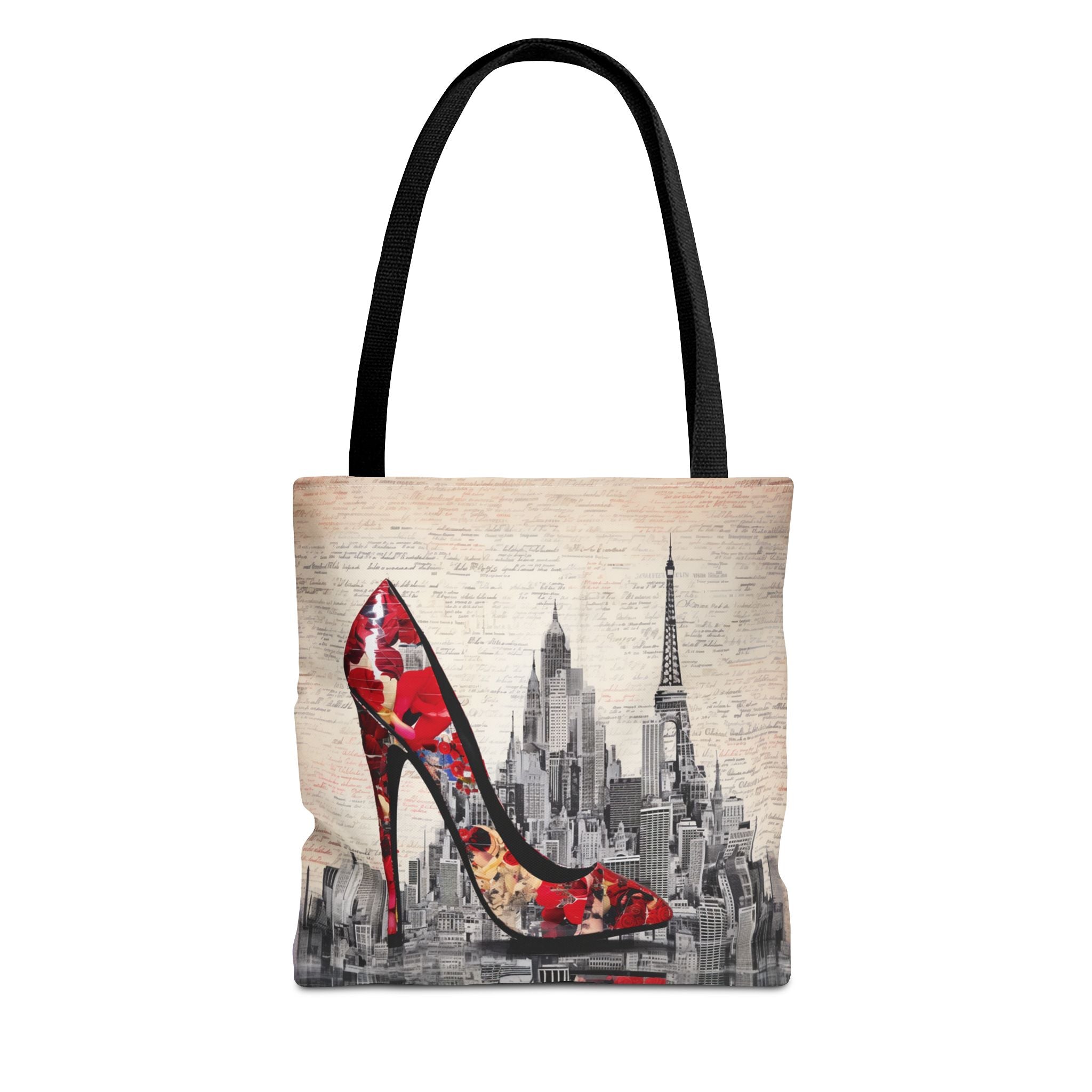 Chic Red Stiletto and Cityscape Tote Bag, Stylish Eco-Friendly Design - Darwin & Rose