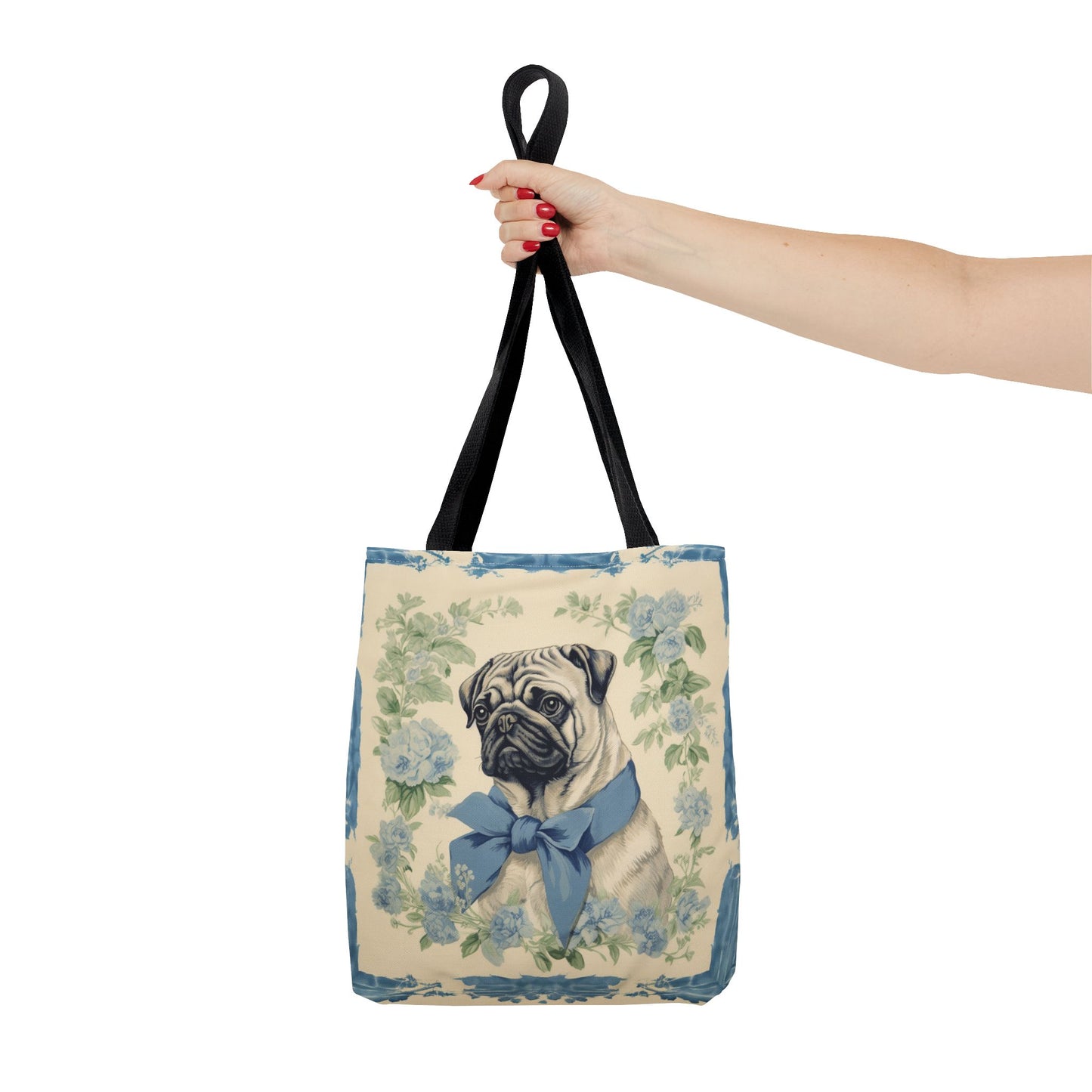 Charming Pug Tote Bag with Blue Bow and Floral Design