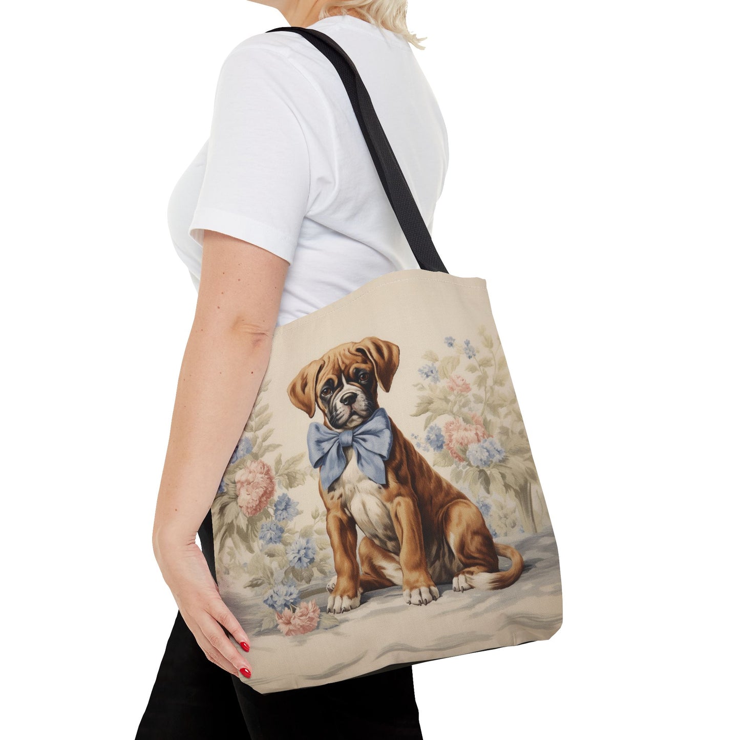 Boxer Puppy Canvas Tote Bag with Floral Design, Eco-Friendly Market Tote