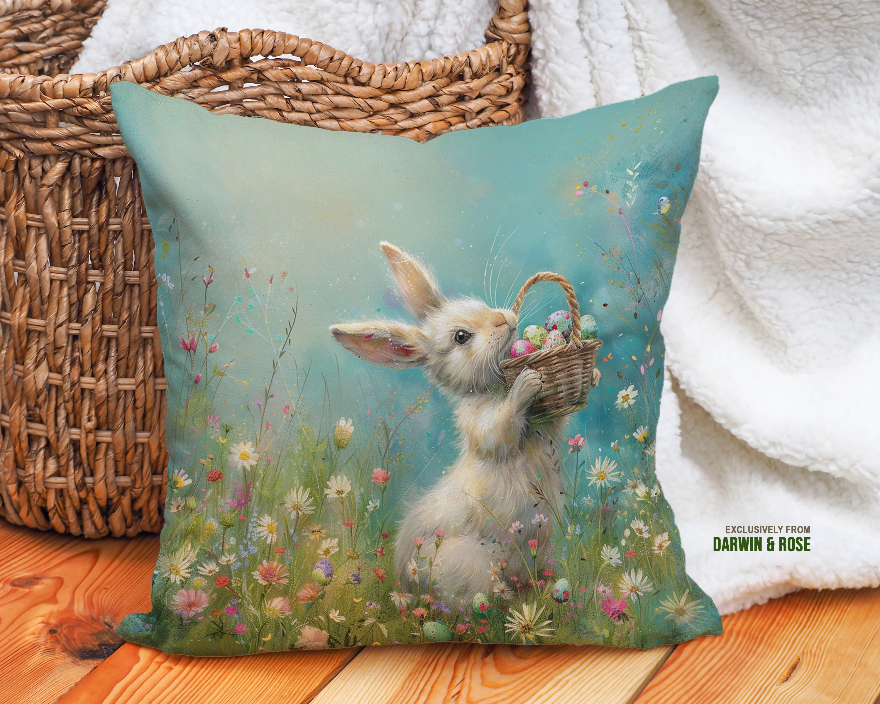 Easter Bunny Meadow Throw Pillow – Whimsical Spring Decor