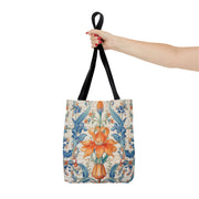 Floral Elegance Tote Bag, Vibrant Orange and Blue Reusable Shopper