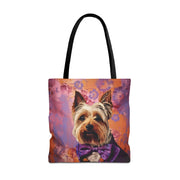 Yorkie Elegance Tote Bag with Vibrant Floral Backdrop, Eco-Friendly