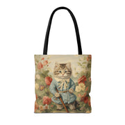 Whimsical Garden Cat Tote Bag, Vintage Floral Eco-Friendly Canvas