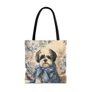 Elegant Shih Tzu Floral Tote Bag with Blue Bow for Dog Lovers