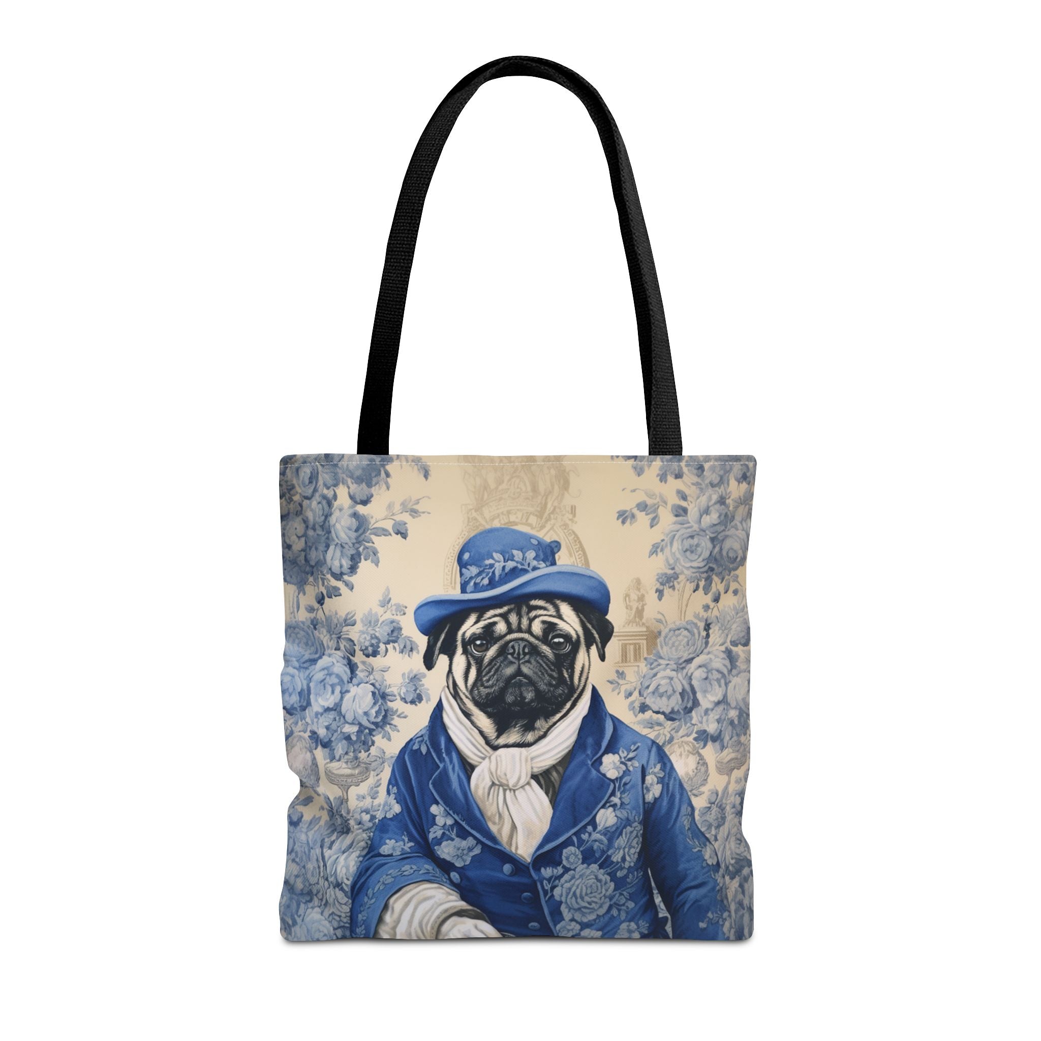 Regal Pug Canvas Tote Bag, Blue Floral Design for Dog Lovers