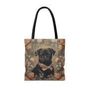 Charming Black Pug Floral Tote Bag with Elegant Bowtie Design