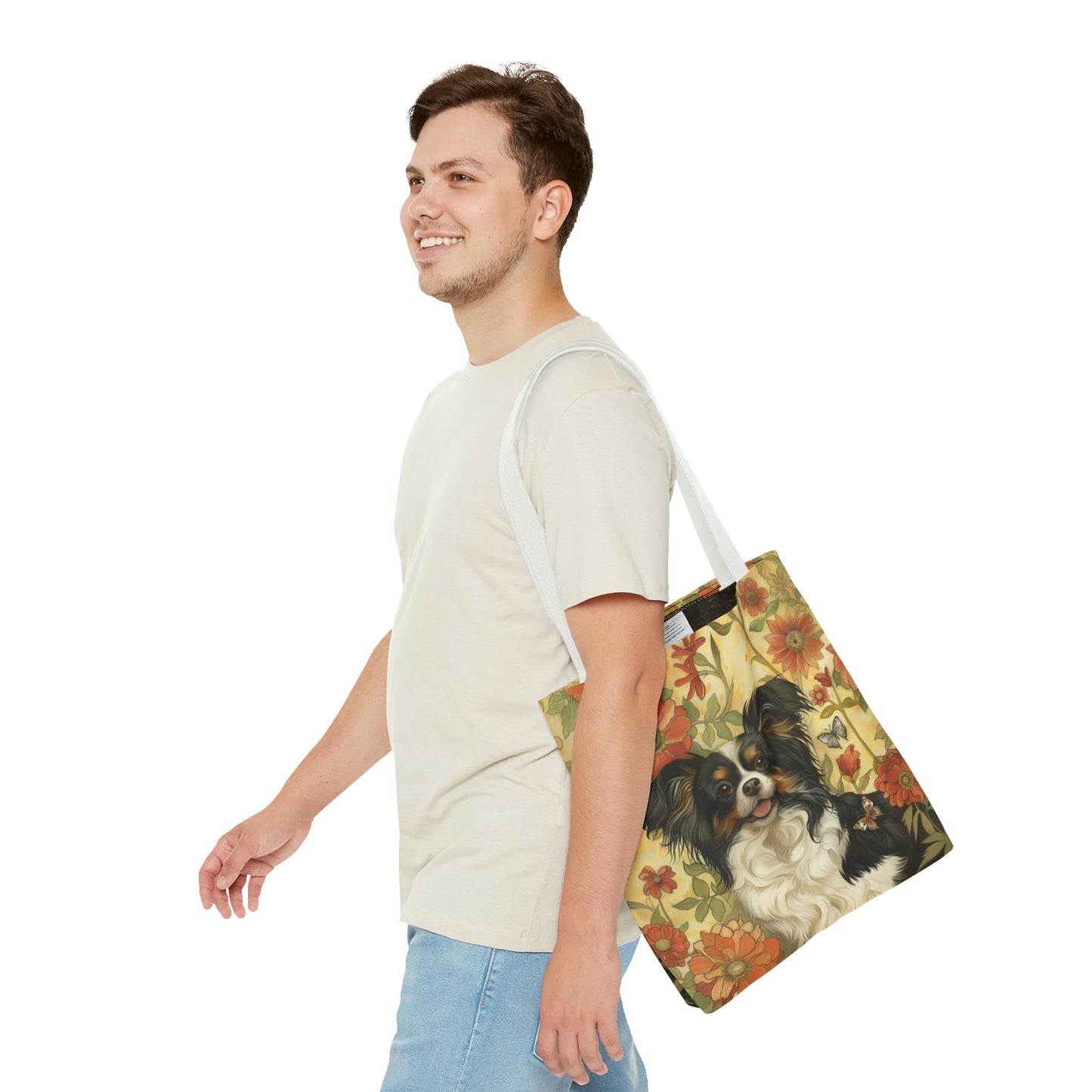 Papillon Dog Floral Canvas Tote Bag, Cute and Eco-Friendly Gift