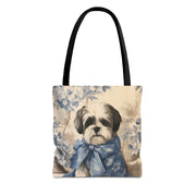 Elegant Shih Tzu Floral Tote Bag with Blue Bow for Dog Lovers