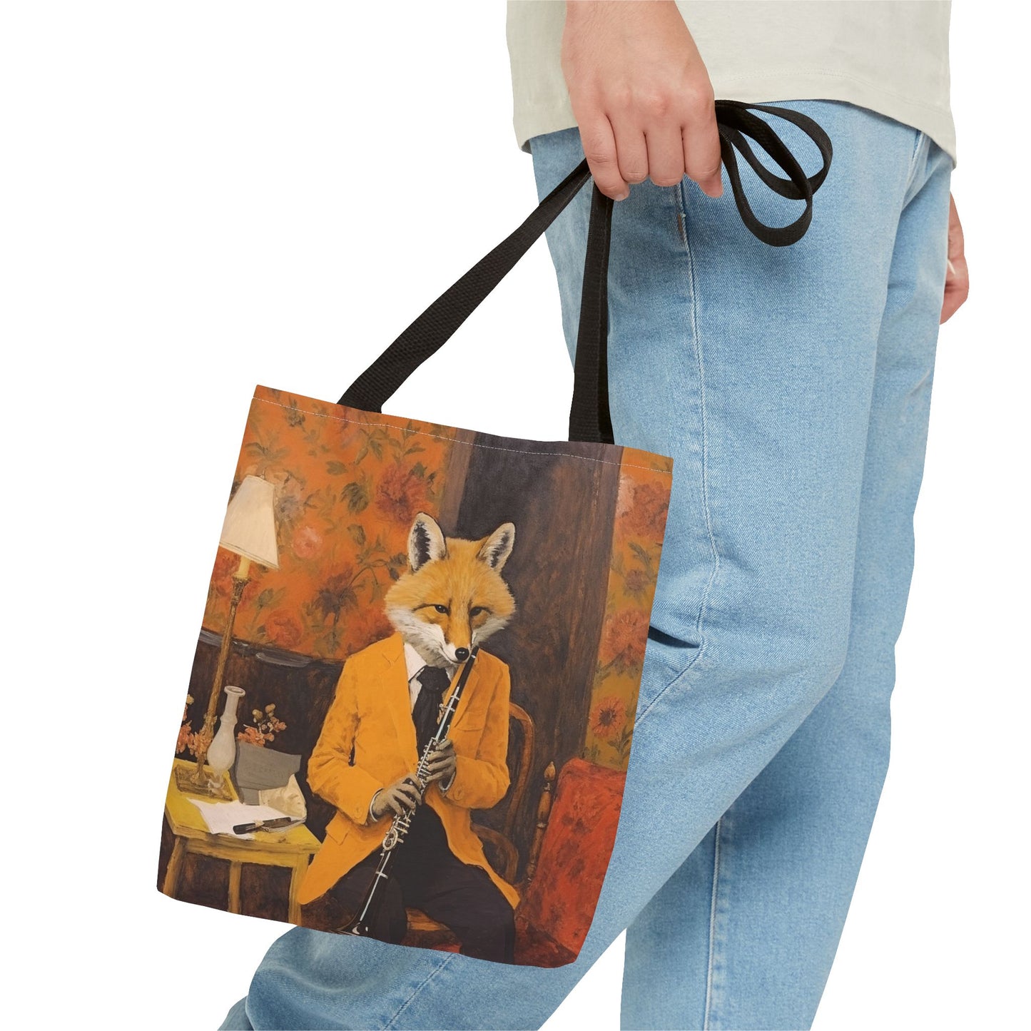 Fox Musician Canvas Tote Bag, Artistic Eco-Friendly Shopping Bag