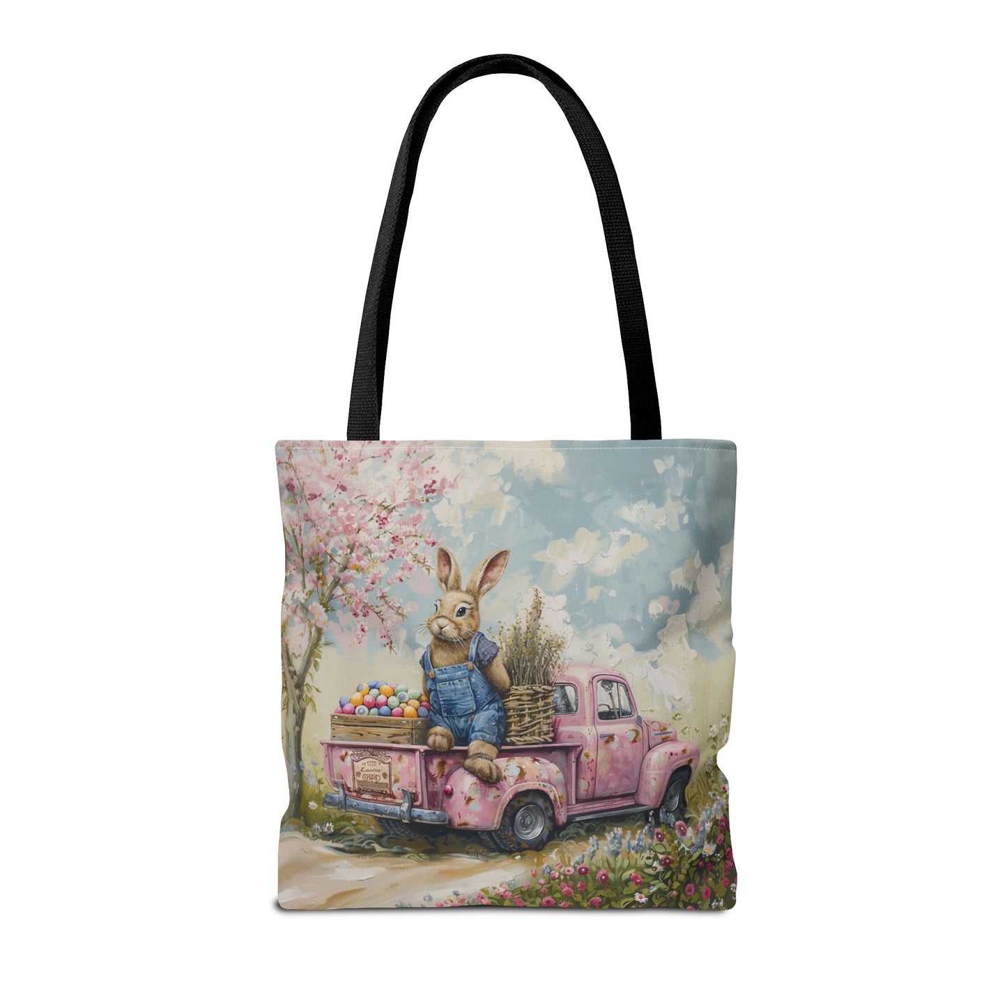 Springtime Bunny Tote Bag with Vintage Pink Truck Art