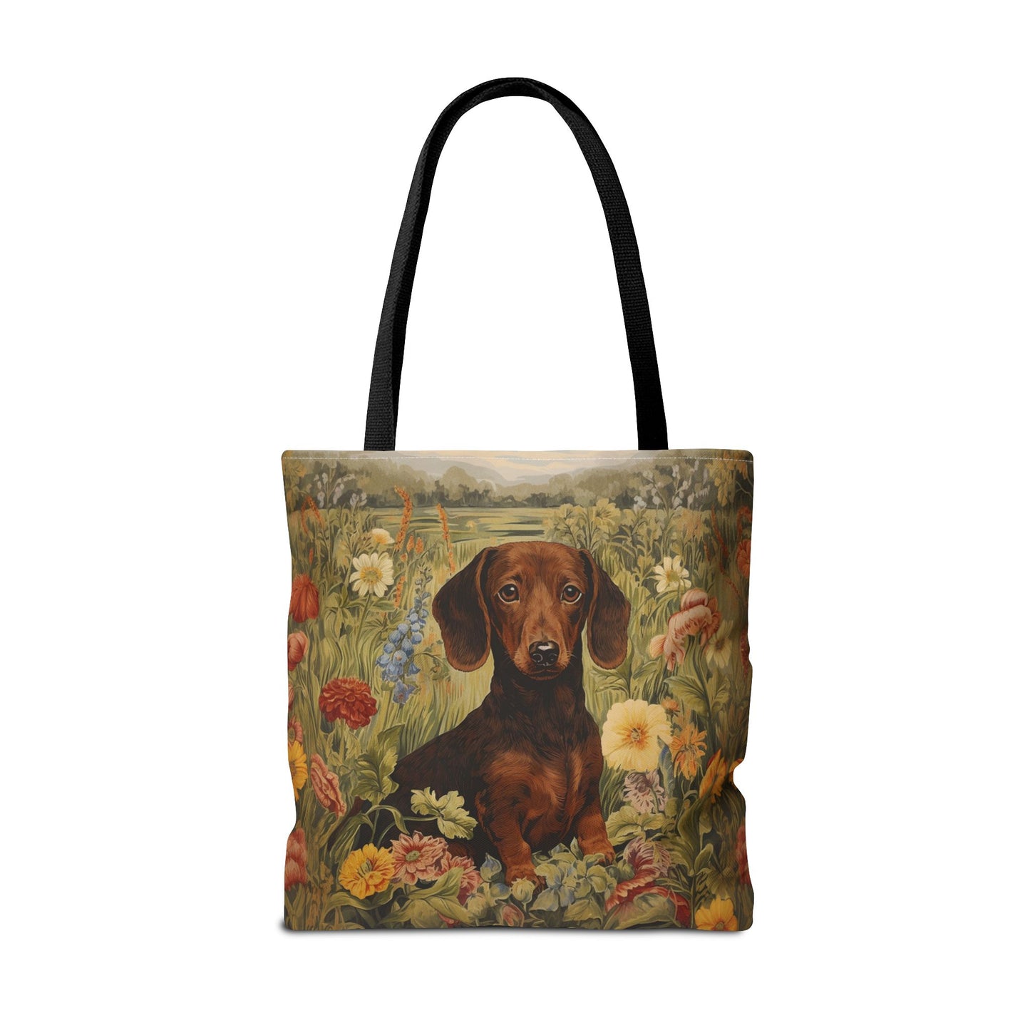 Dachshund Floral Meadow Canvas Tote Bag, Eco-Friendly Shopping Bag