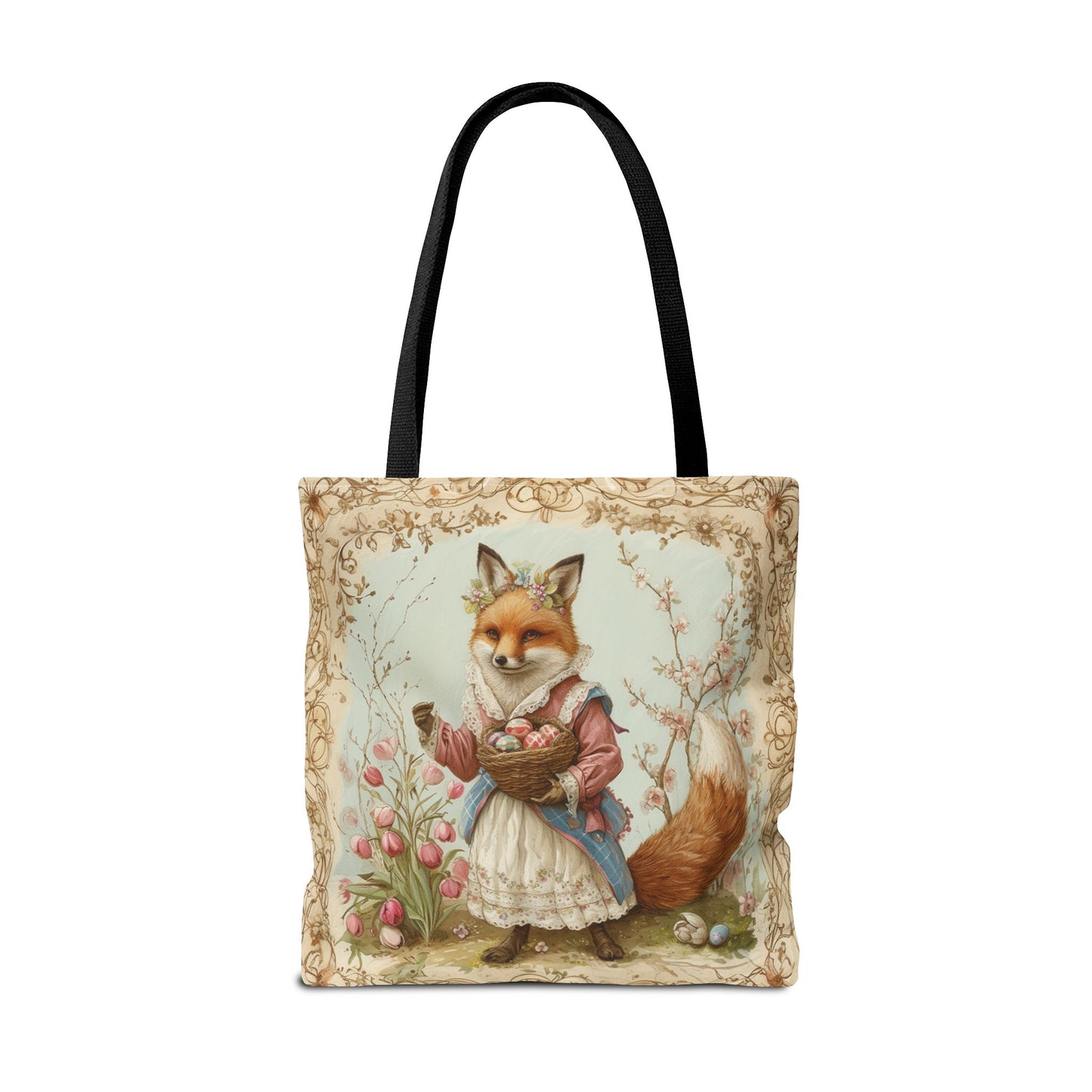 Easter Fox Tote Bag with Tulip Garden, Eco-Friendly Market Bag