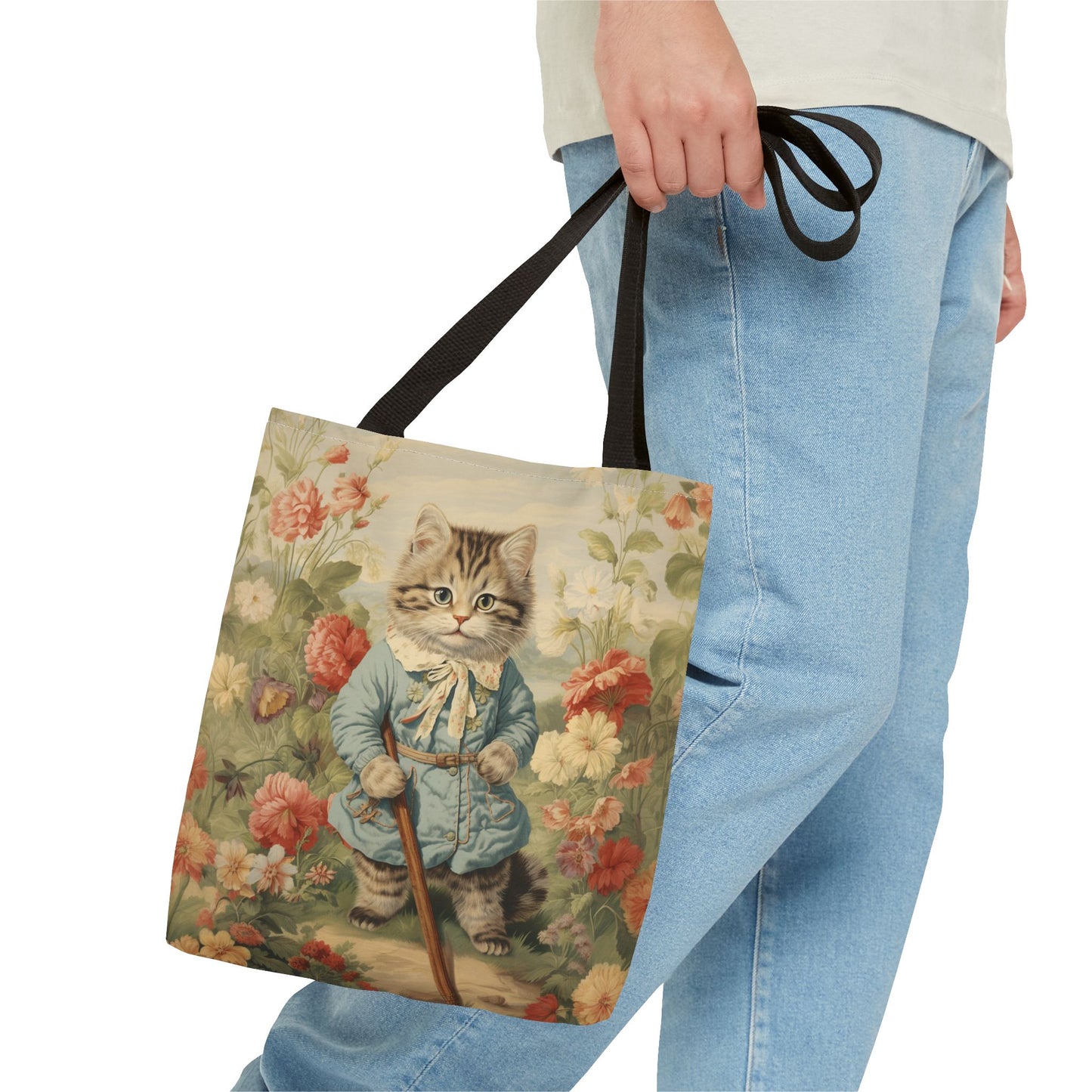 Whimsical Garden Cat Tote Bag, Vintage Floral Eco-Friendly Canvas