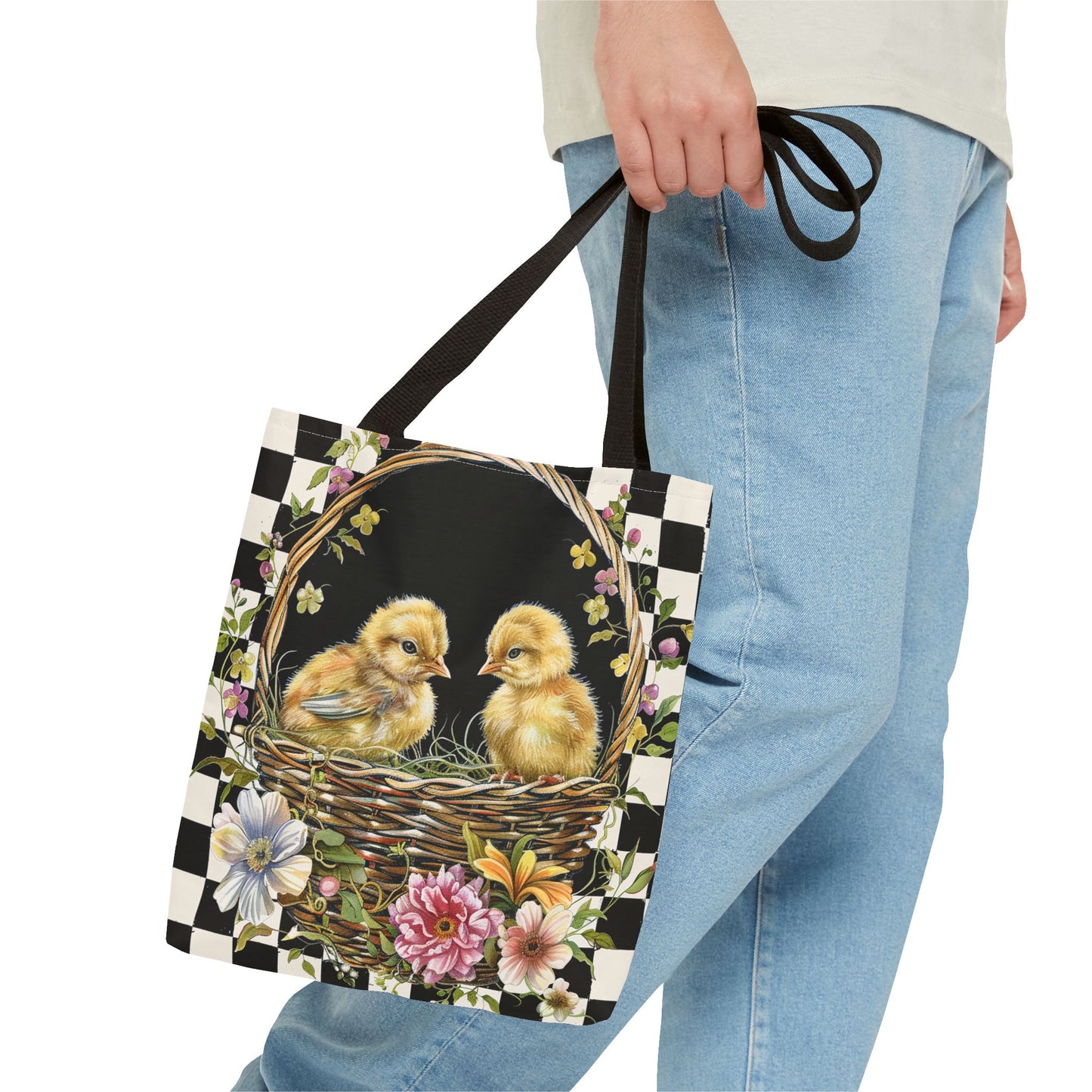 Charming Easter Chicks Canvas Tote Bag with Floral Basket Design