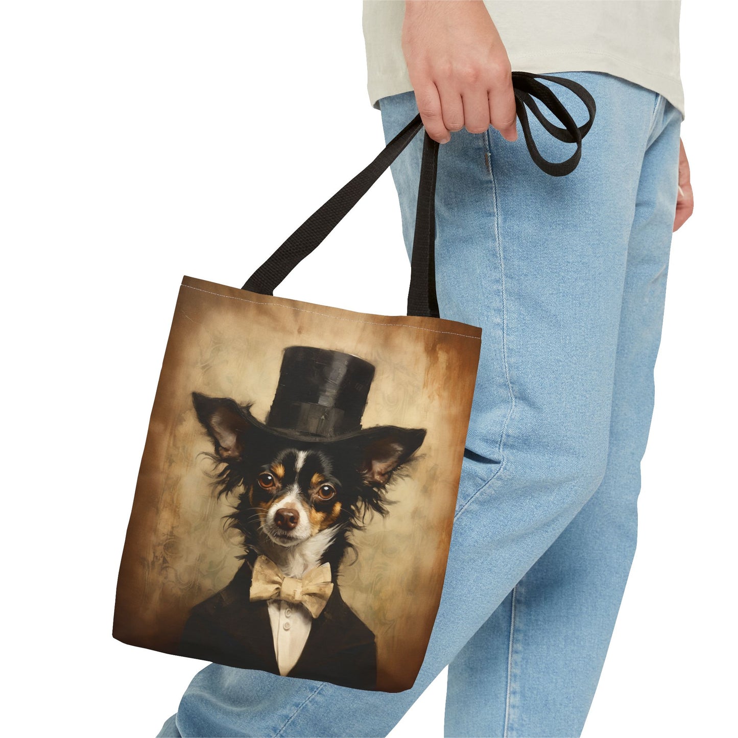 Charming Chihuahua Gentleman Canvas Tote Bag, Elegant Dog Lover Gift