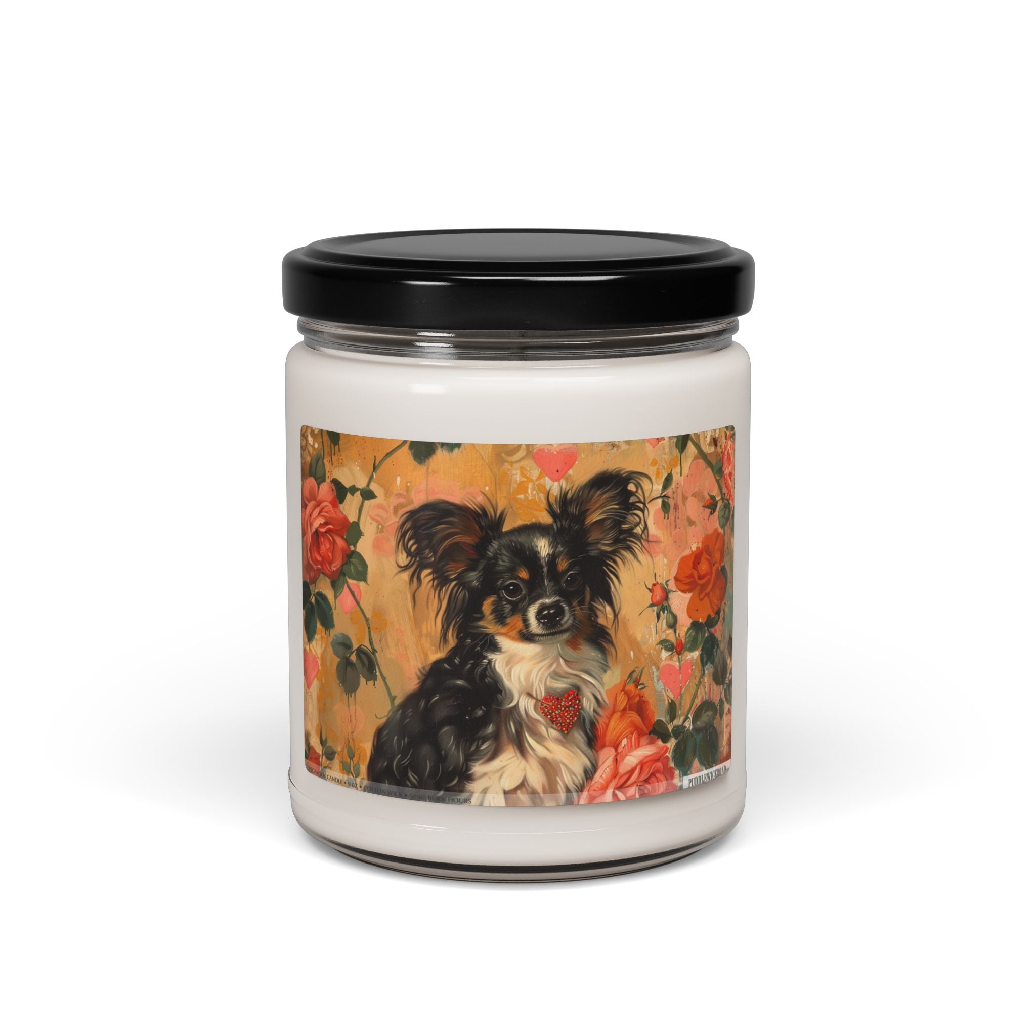 Papillon Tribute Candle – Dog Lover's Gift, Romantic Floral Design