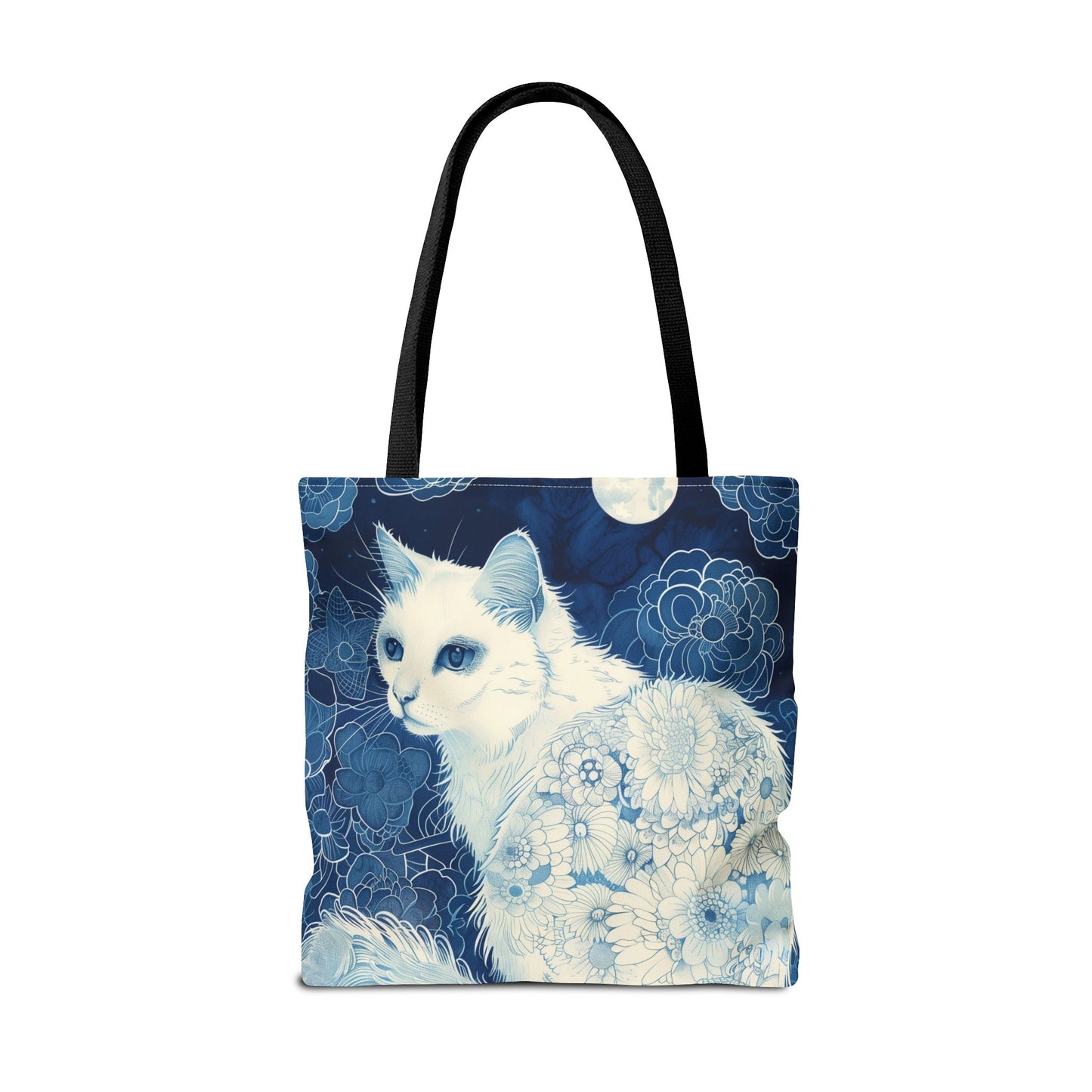 Moonlit Floral Cat Tote Bag, Elegant Canvas for Nature Lovers