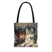 Siberian Husky Holiday Fireside Tote, Cozy Winter Canvas Bag