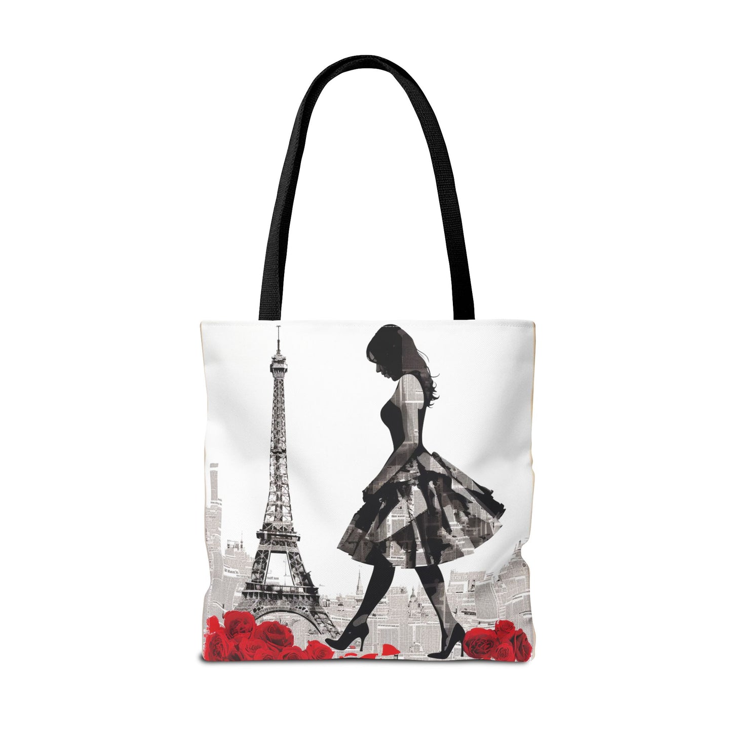 Parisian Elegance Tote Bag with Eiffel Tower and Red Roses Design