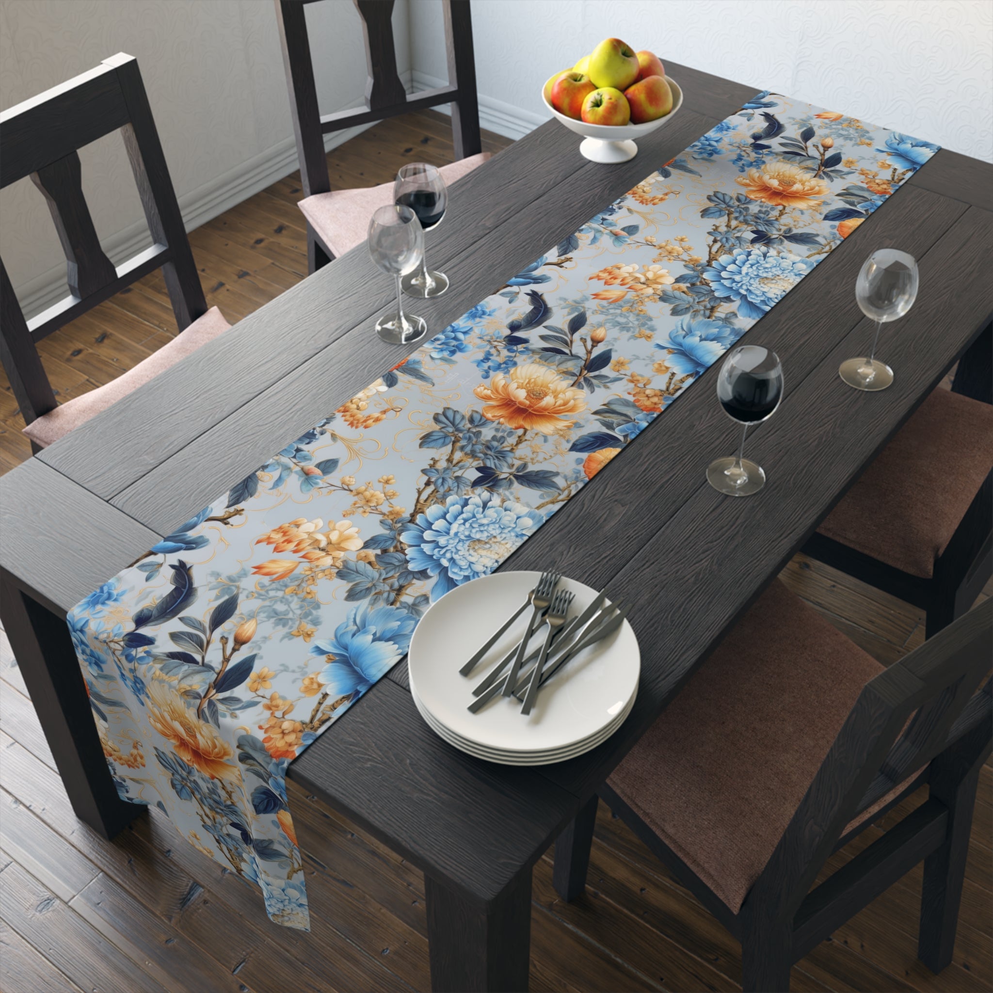 Marigold and Sapphire Table Runner | Blue and Orange Floral Décor (72" or 90")