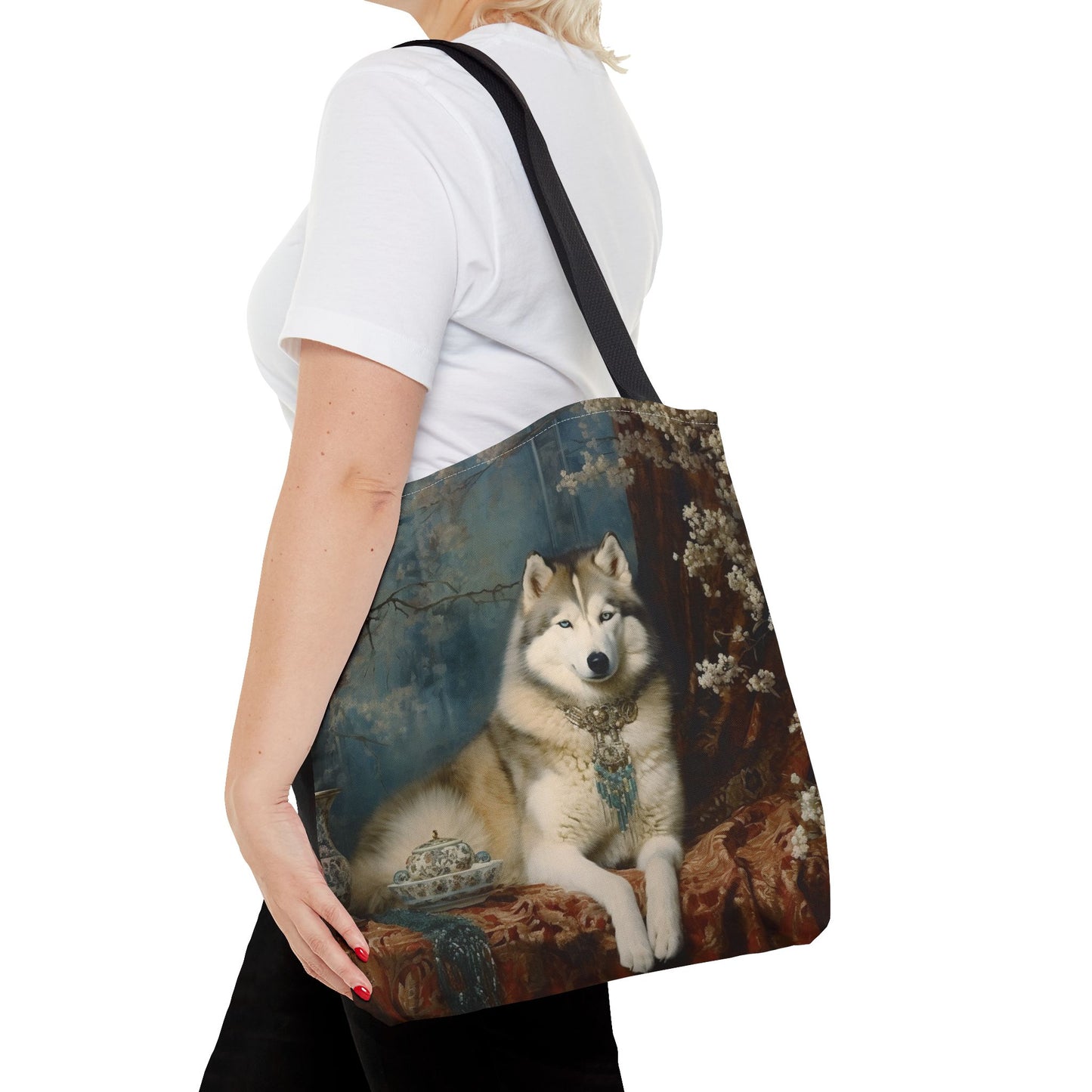 Siberian Husky Elegance Tote Bag, Vintage Floral Shopping Canvas