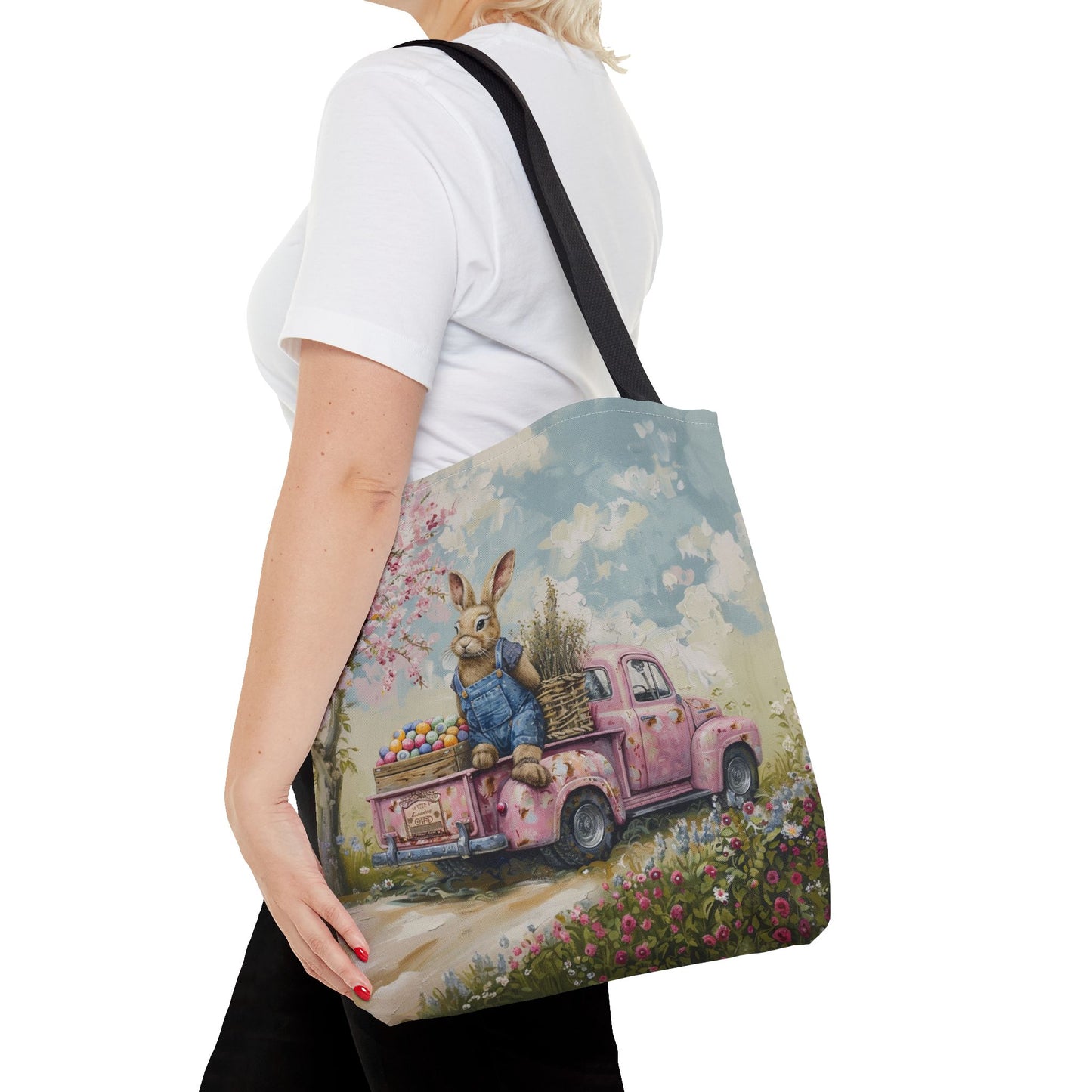 Springtime Bunny Tote Bag with Vintage Pink Truck Art