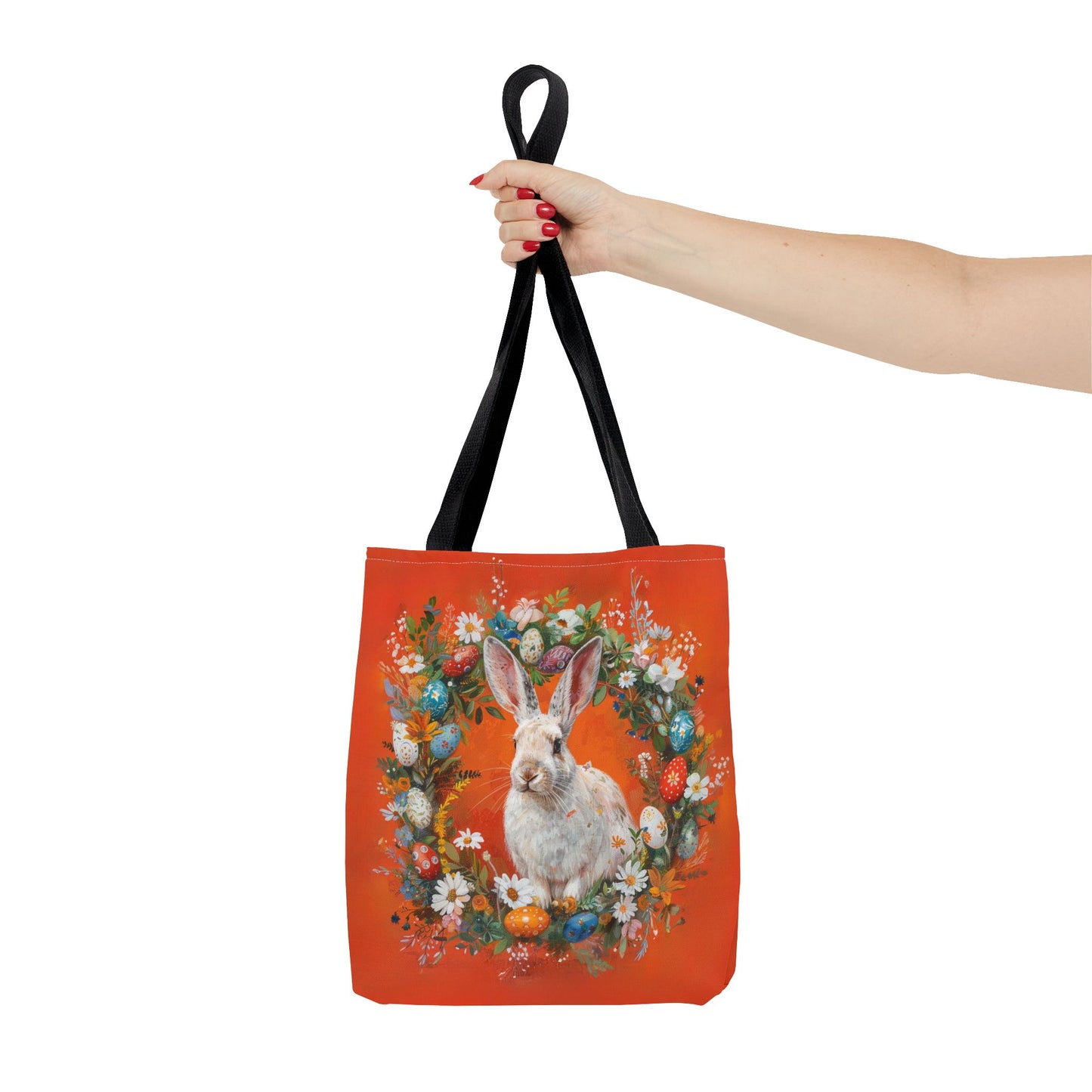 Easter Bunny Canvas Tote Bag, Bright Orange Floral Design, Eco-Friendly