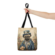 Elegant Pug Aristocrat Tote Bag - Stylish Floral Canvas Shopping Bag