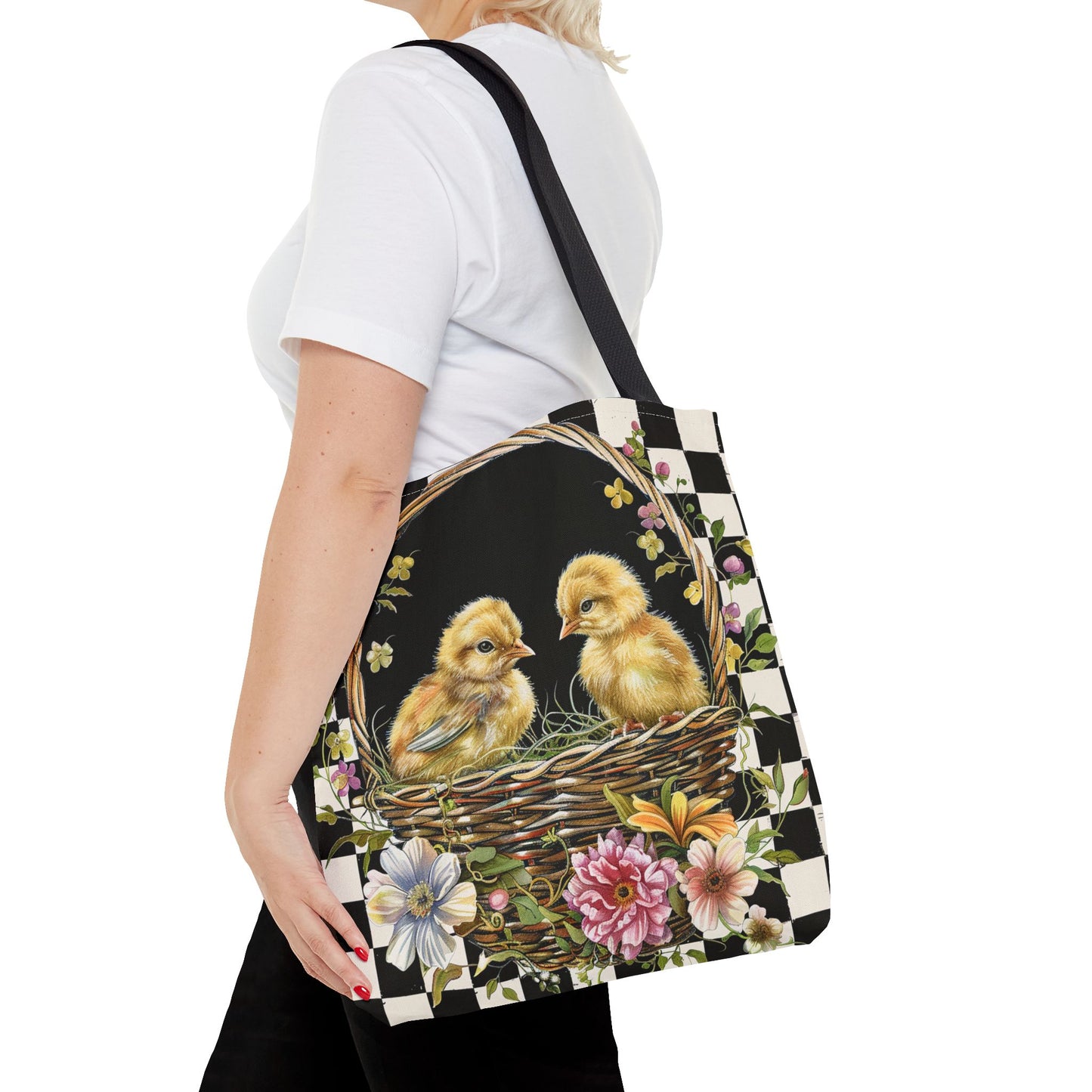 Charming Easter Chicks Canvas Tote Bag with Floral Basket Design