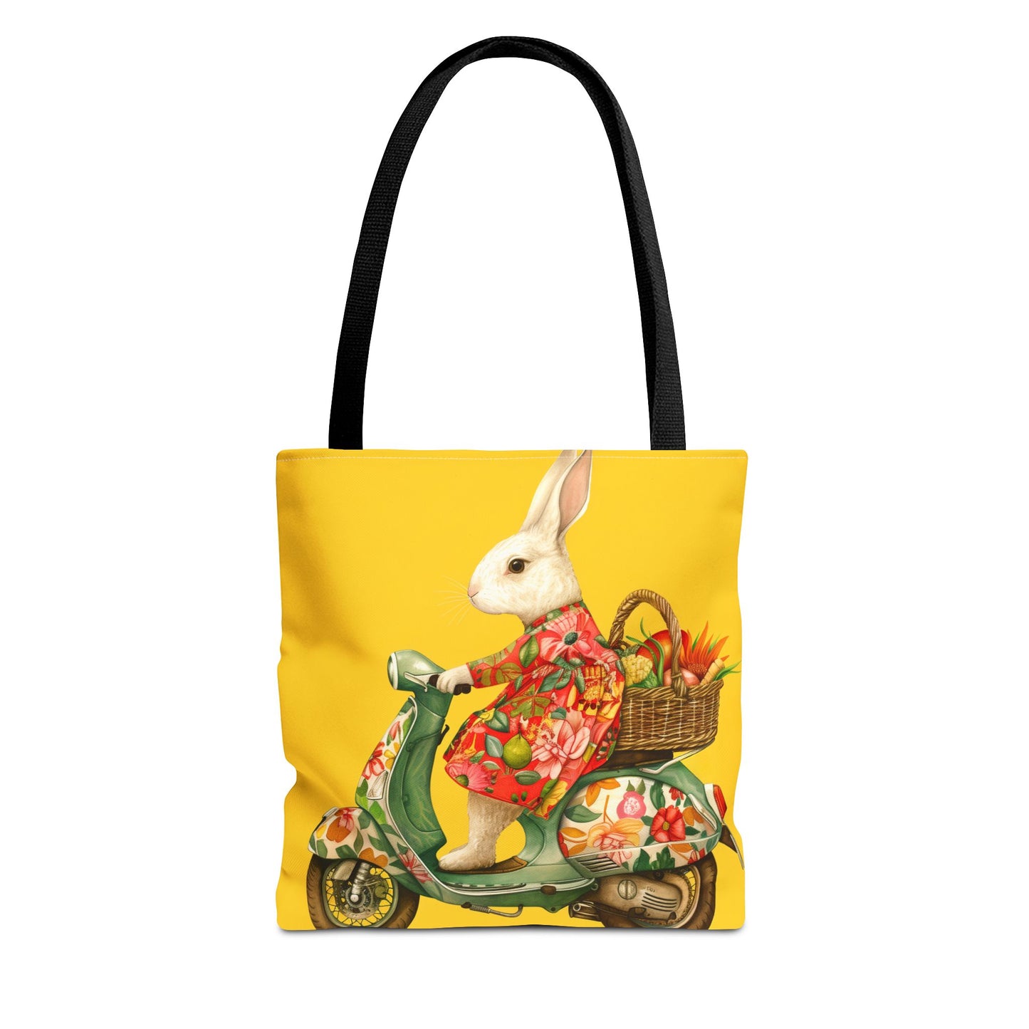 Bunny on Floral Scooter Tote Bag, Vibrant Eco-Friendly Shopping Tote